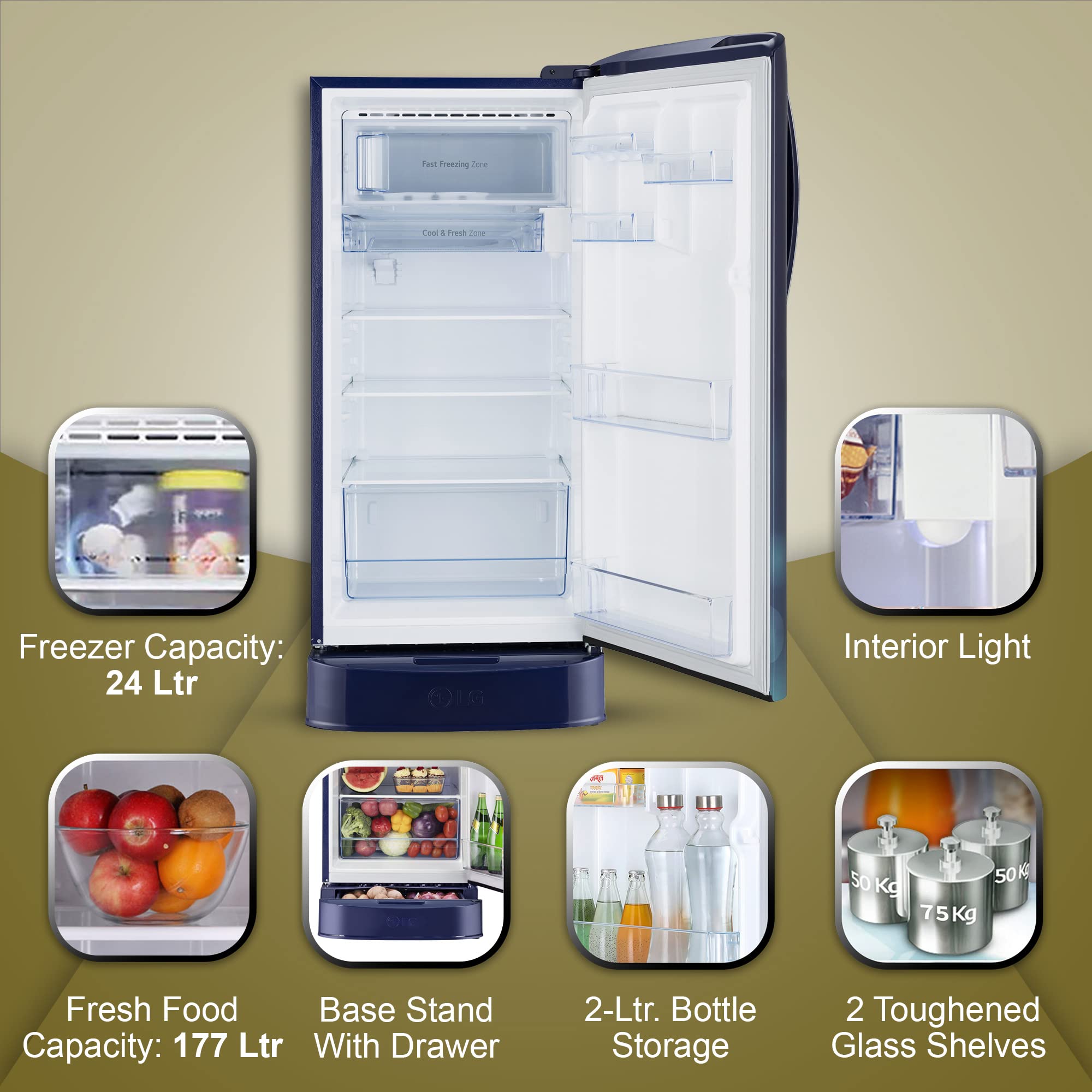 LG 201 L 5 Star Inverter Direct-Cool Single Door Refrigerator (GL-D211HBCZ, Blue Charm, Base stand with drawer) 4