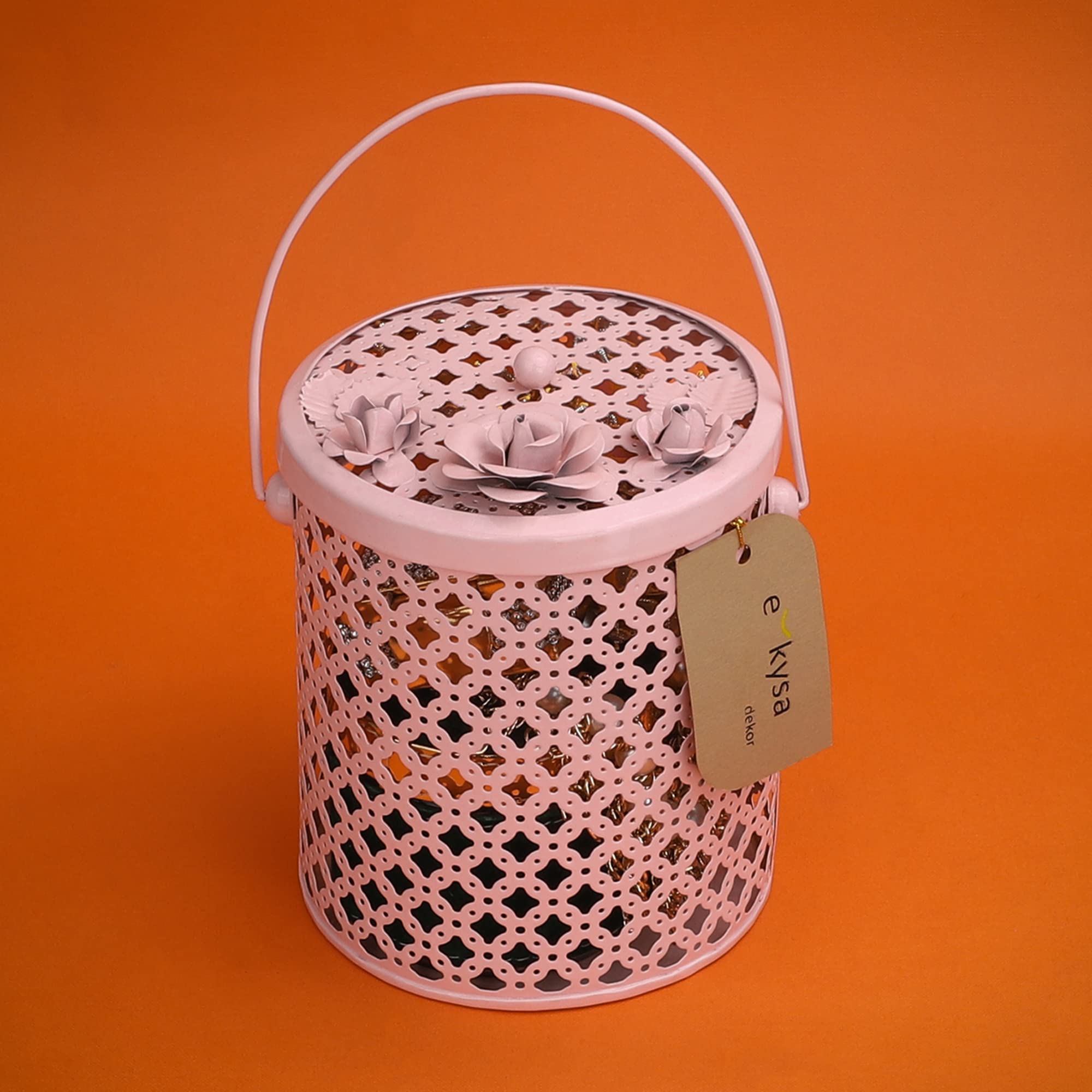 ekysa dekor metal multipurpose hamper Fancy Basket/Tray/Platter box with lid and hadles for Packing, Gifting, Decoration - 13 * 13 * 15 cm, Baby Pink