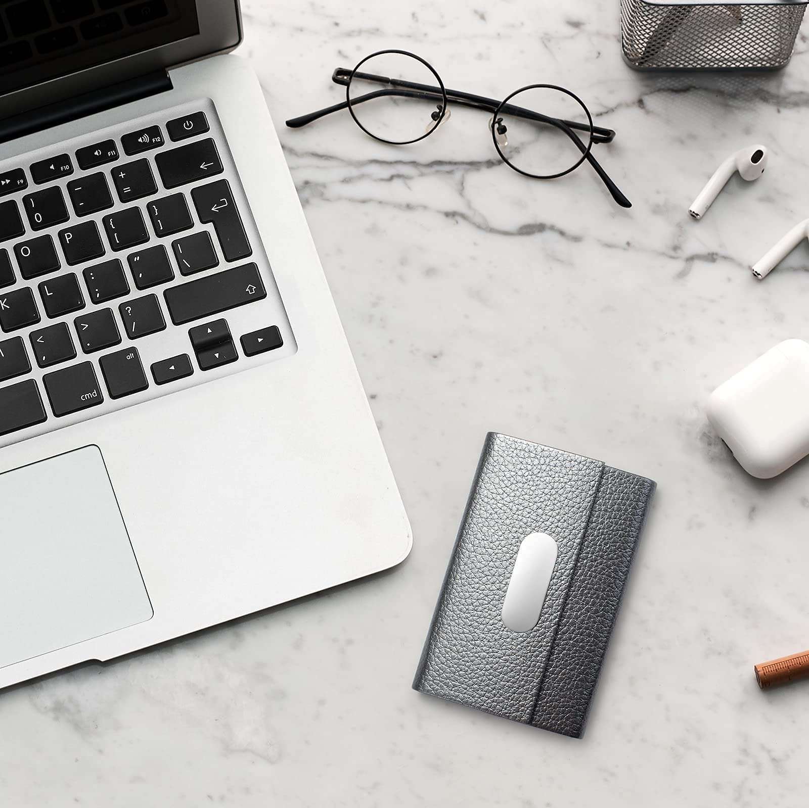 FACATH Business Card Holder for Women, PU Leather & Stainless Steel Business Name Card Holder Wallet Credit Card Metal Pocket Business Card Carrier with Magnetic Shut - Gray 4