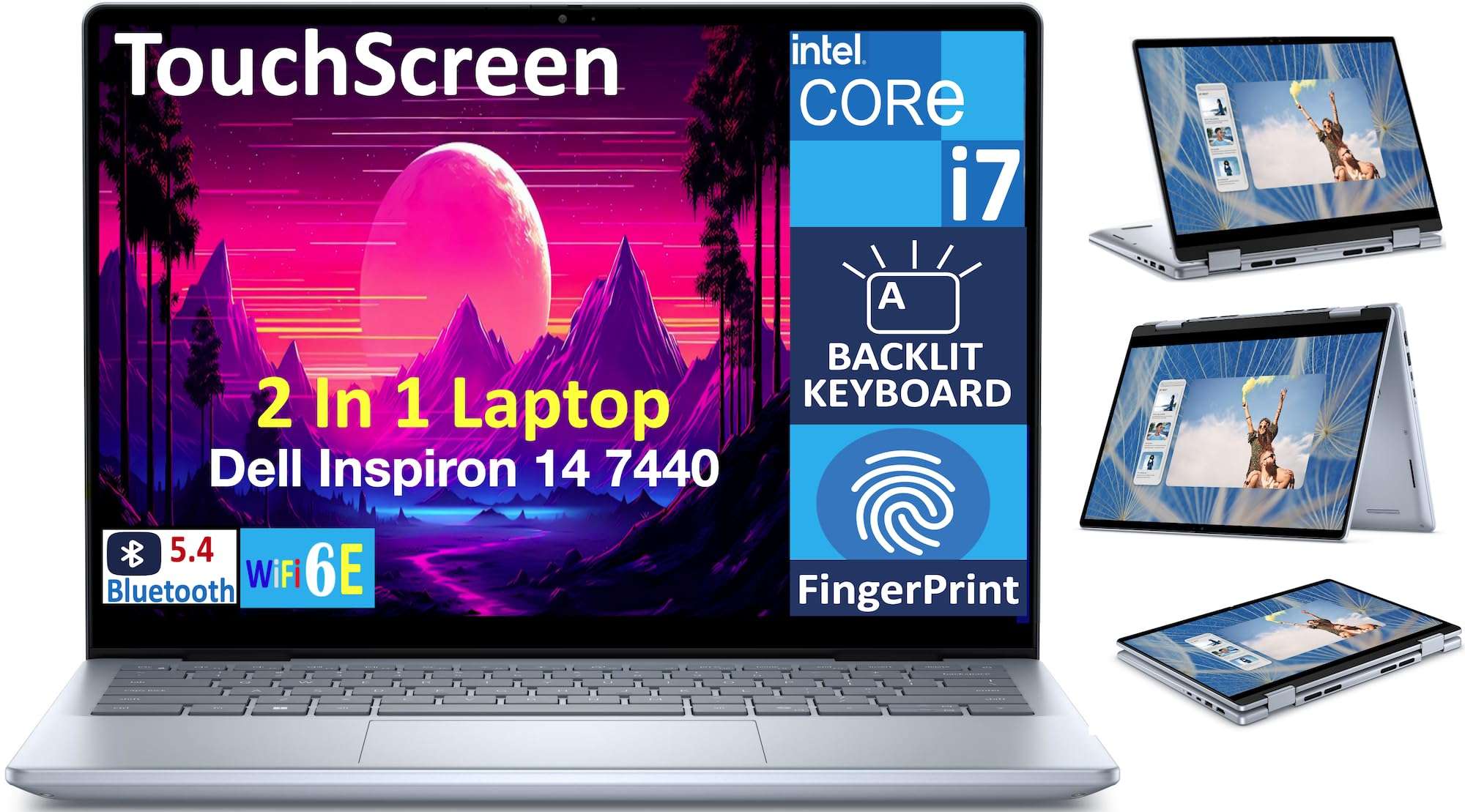 Dell Inspiron 7440 2-in-1 14.0" Touchscreen WUXGA Business Laptop (Intel Core 7 150U, 16GB DDR5 RAM, 1TB PCIe SSD, Backlit KB, Fingerprint, WiFi 6E, BT 5.3, SD Reader, Webcam, Win 11 Pro) 1