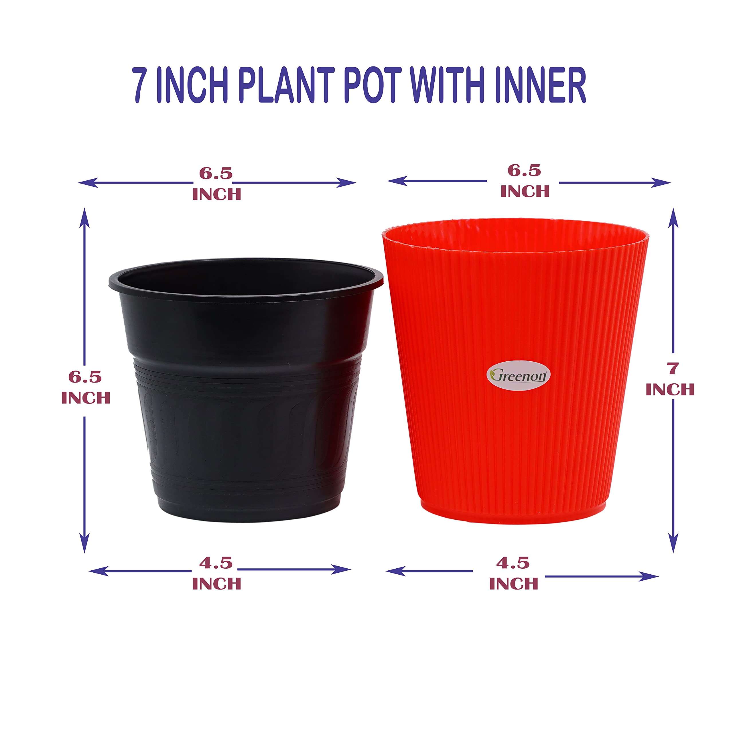 GREENON 7 Inch Small Plant Pot | Pack of 4 | Self Water | Red Outer and Black Inner | Best for Countertop and Tabletop, Balcony | Non-Fadable Planter | Virgin Plastic Gamla | RED 4 3