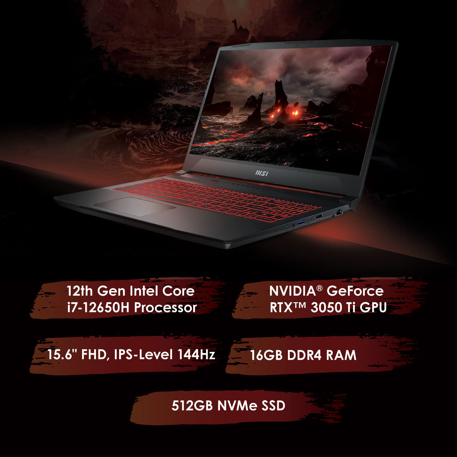 MSI Katana GF66 15.6" 144Hz FHD Gaming Laptop: Intel Core i7-12650H RTX 3050 Ti 16GB 512GB NVMe SSD, Type-C USB 3.2 Gen 1, High-ResoluTion Audio, Cooler Boost 5, Win11 Home: Black 12UD-436 2