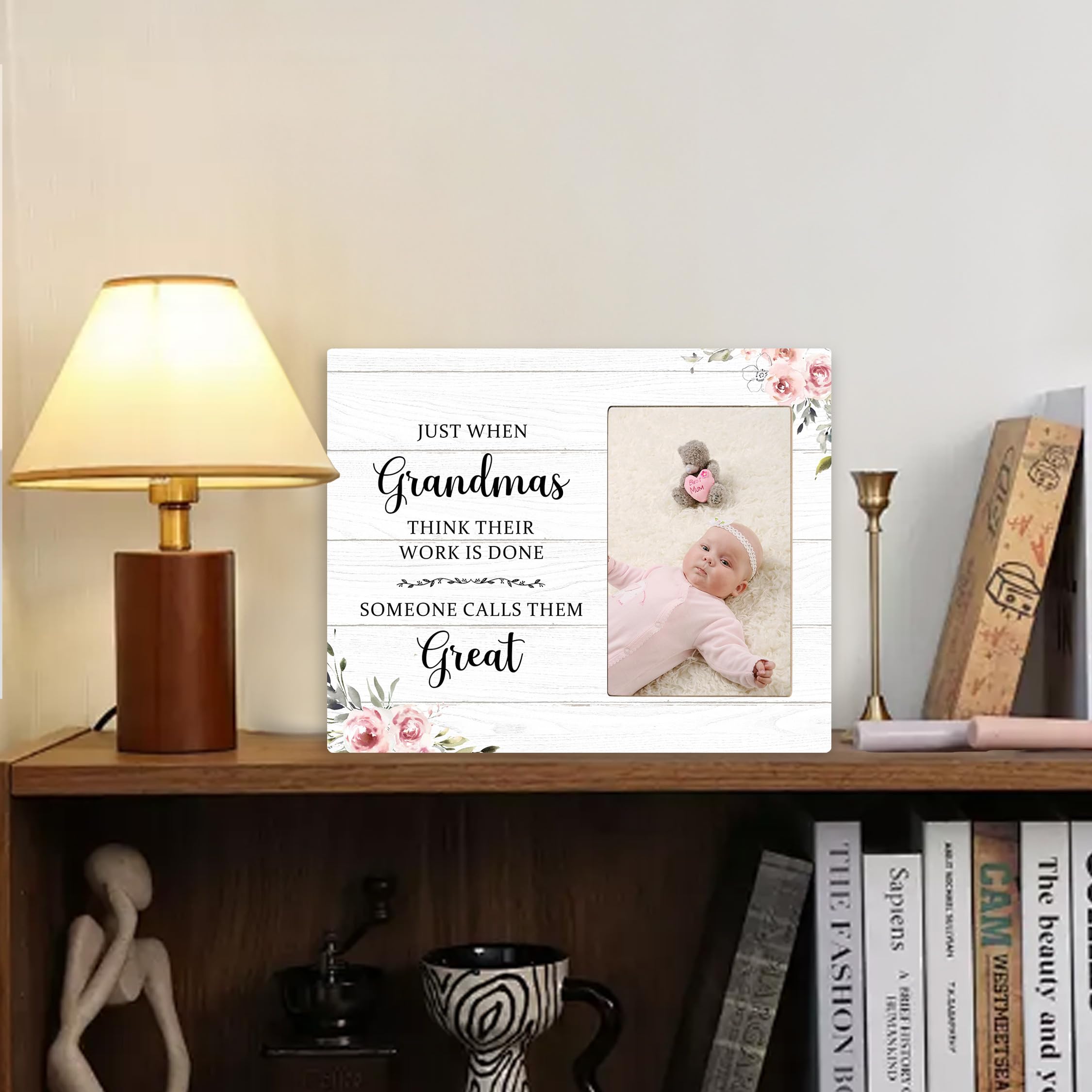 Kneaotoaji Great Grandma Picture Frame - Great Grandma Baby Announcement Gifts, Just When Grandmas Think Their Work Is Done Someone Calls Them Great Wooden Frame for Tabletop or Wall Hanging 4x6 Photo 6