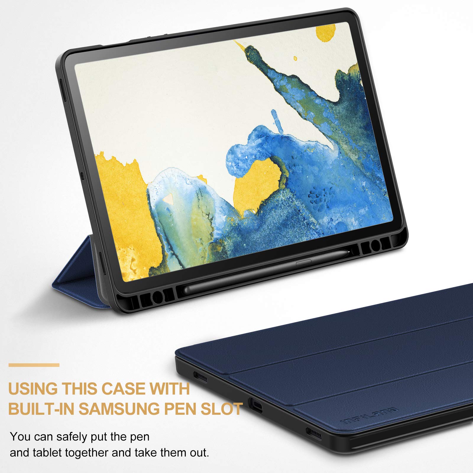 INFILAND Galaxy Tab S7 Case with S Pen Holder, Slim Tri-Fold Case Cover Compatible with Samsung Galaxy Tab S7 11-inch SM-T870/T875/T876 2020 Release Tablet [Auto Wake/Sleep], Navy 3