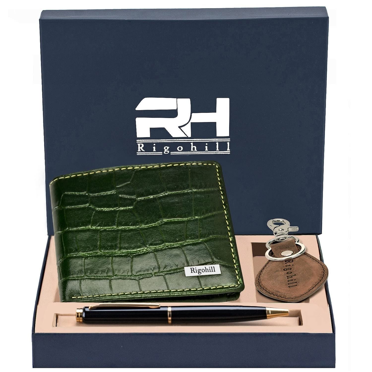 Rigohill Martin Green Leather Wallets for Men, Keyring & Pen Combo Gift Set for Men | Wallet Men Leather Branded 2