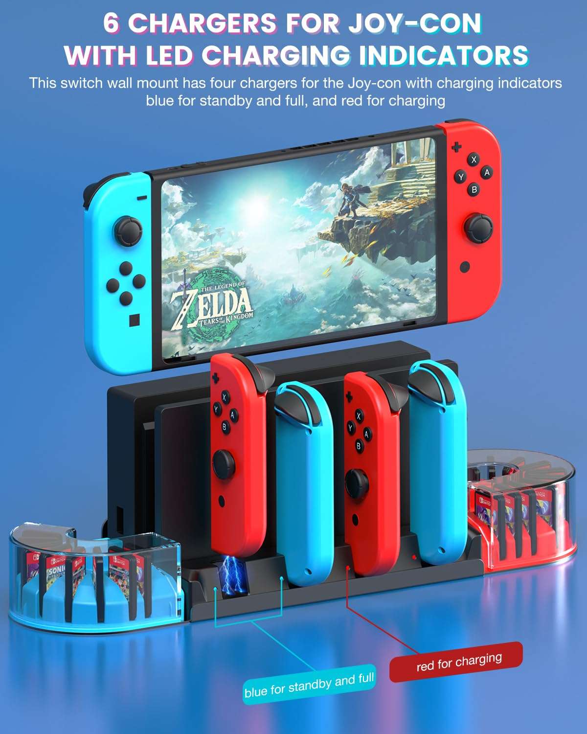 KUNSLUCK Switch Wall Mount with Joy-Con Charger, Wall Mount Switch Charging Dock Station with 20 Game Card Storage and 6 Charger for Joy-Con (Black) 5