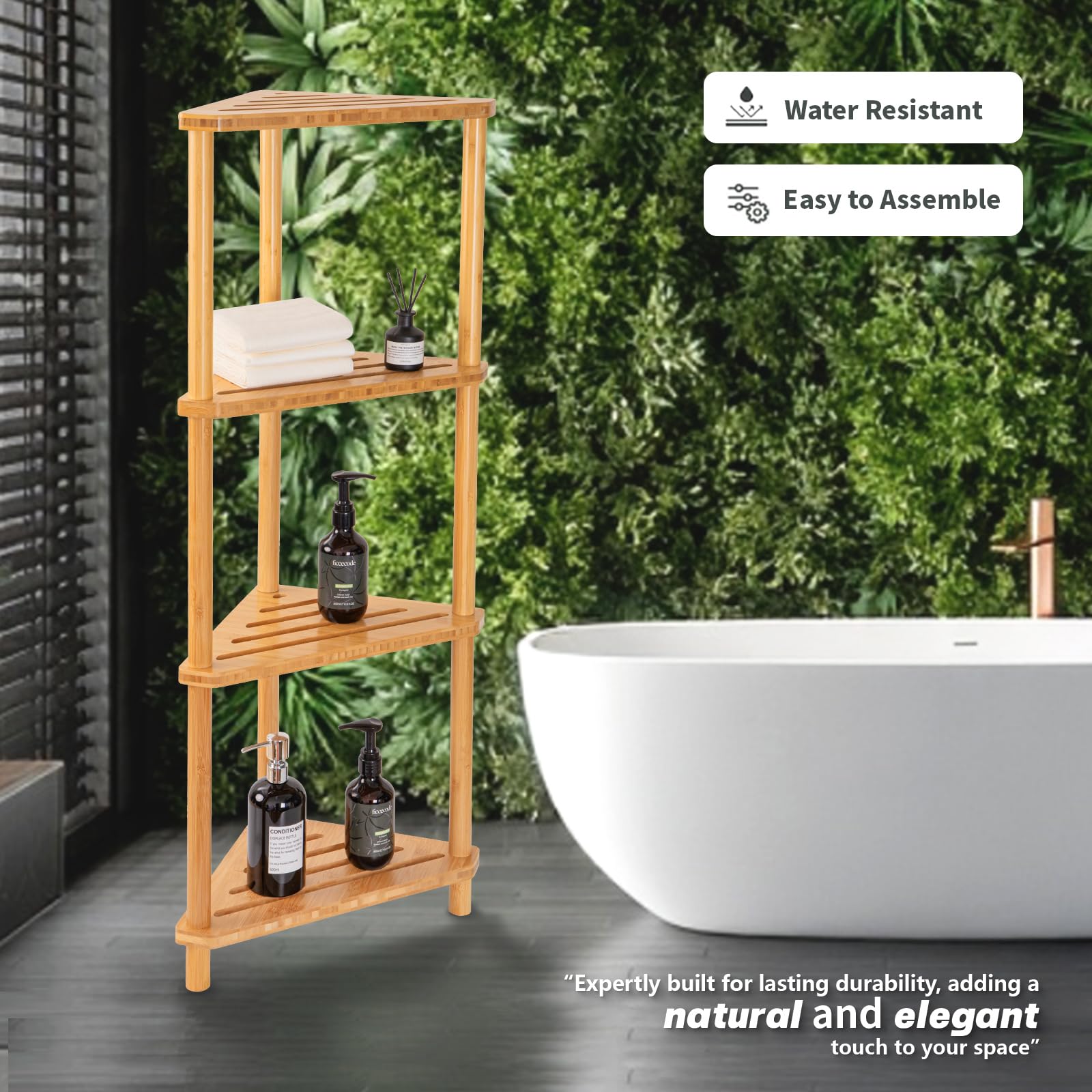 GUGIGP 4-Tier Corner Shower Caddy Stand Bamboo,Standing Corner Shower Shelf,Shower Organizer,Shower Storage Shlves,Waterproof & Durable,Space-Saving Design for Bathroom Kitchen or Living Room 6