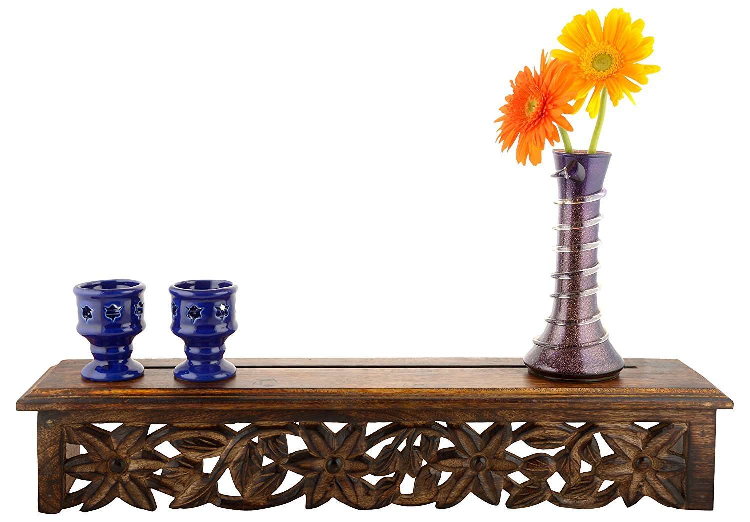 WOODENCLAVE Solid Wood Floral Design Wall Mounted Floating Shelf Wooden Wall Brackets Shelves Set for Home Living Room Decor - (Antique Finish Brown) 1