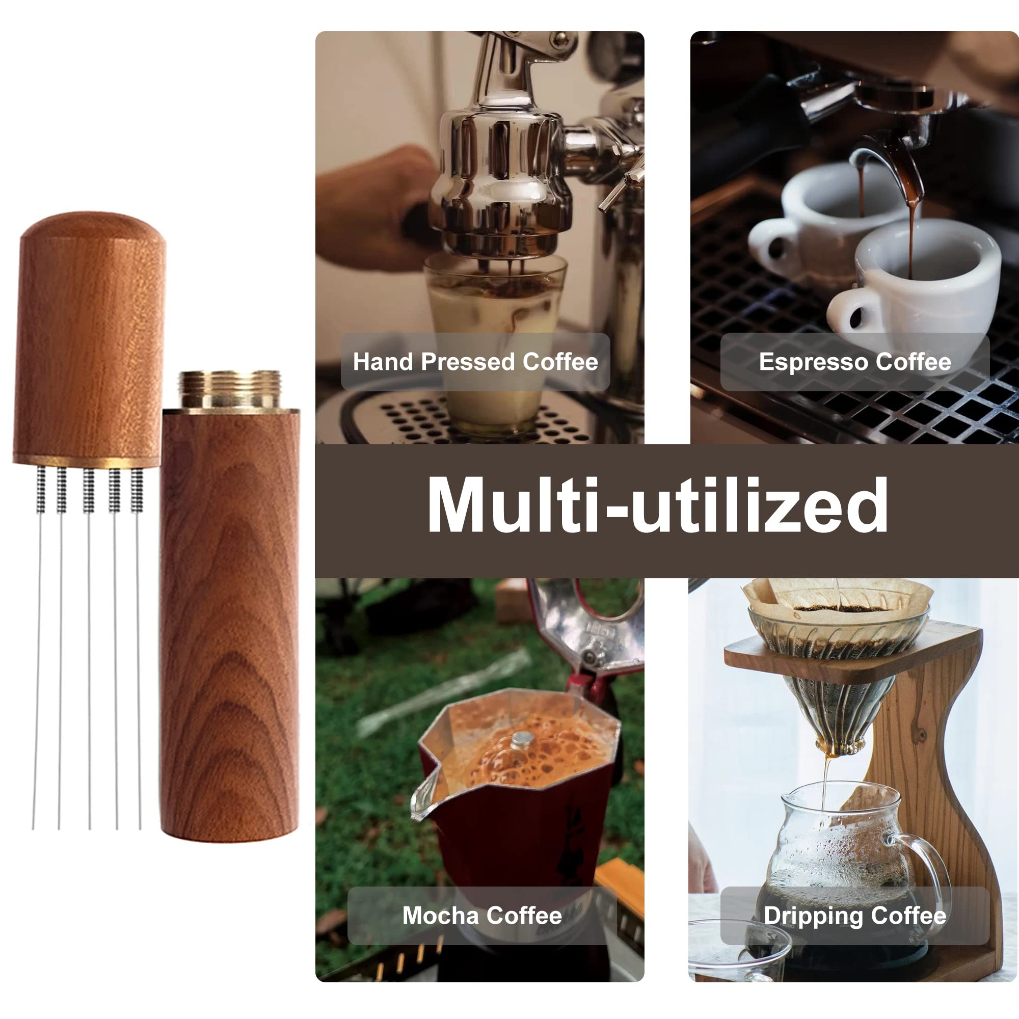 Espresso Coffee Stirrer Tool Stainless Steel 5 Needles Come With Wooden Handle and Stand Coffee Powder Distribution Tool (Rosewood color) 4
