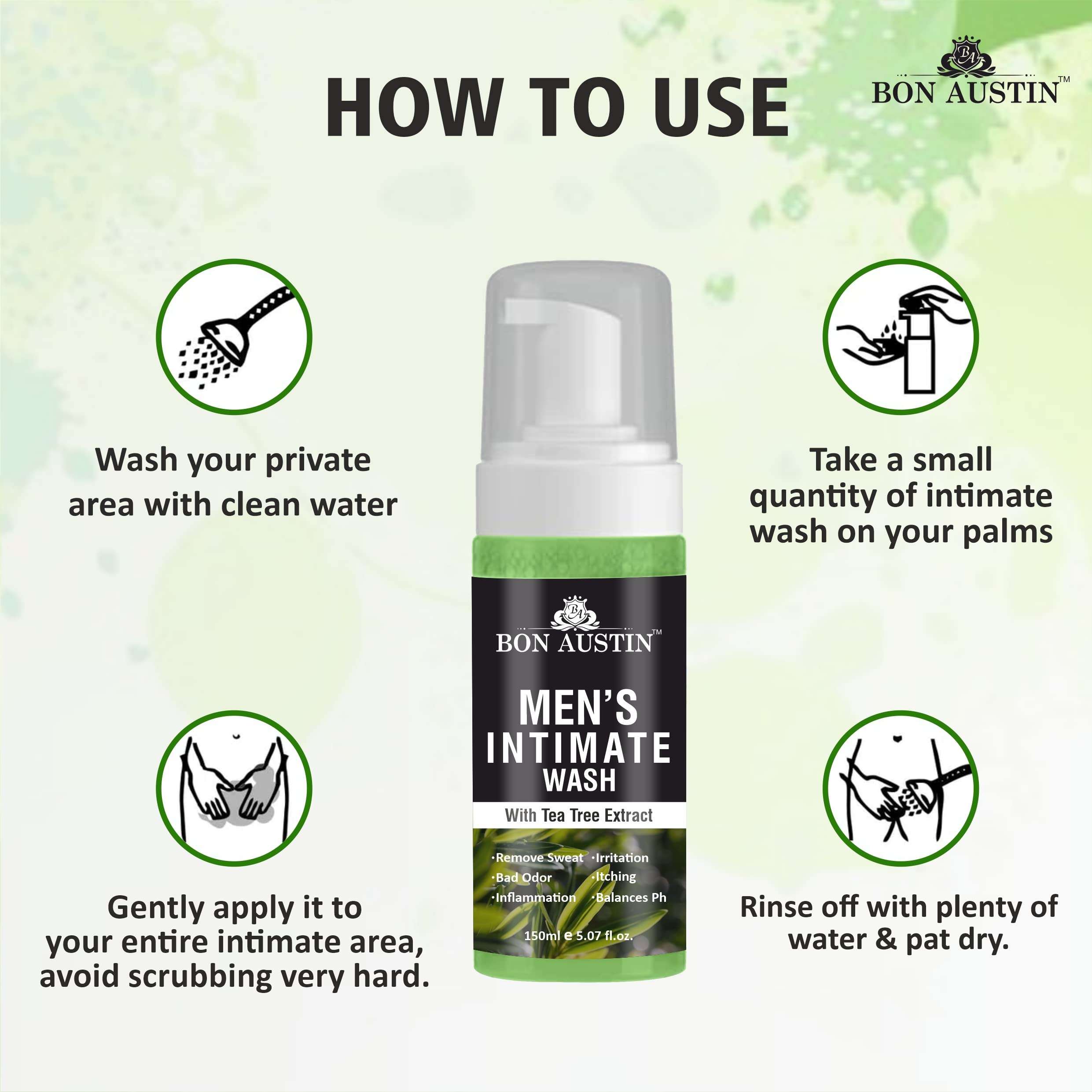 Bon Austin Men's Intimate Wash with Tea Tree Extract Anti-Fungal|Anti-Itching Mens Intimate Hygiene Care Body Wash Pack of 2 of 150ML (300 ML) 4