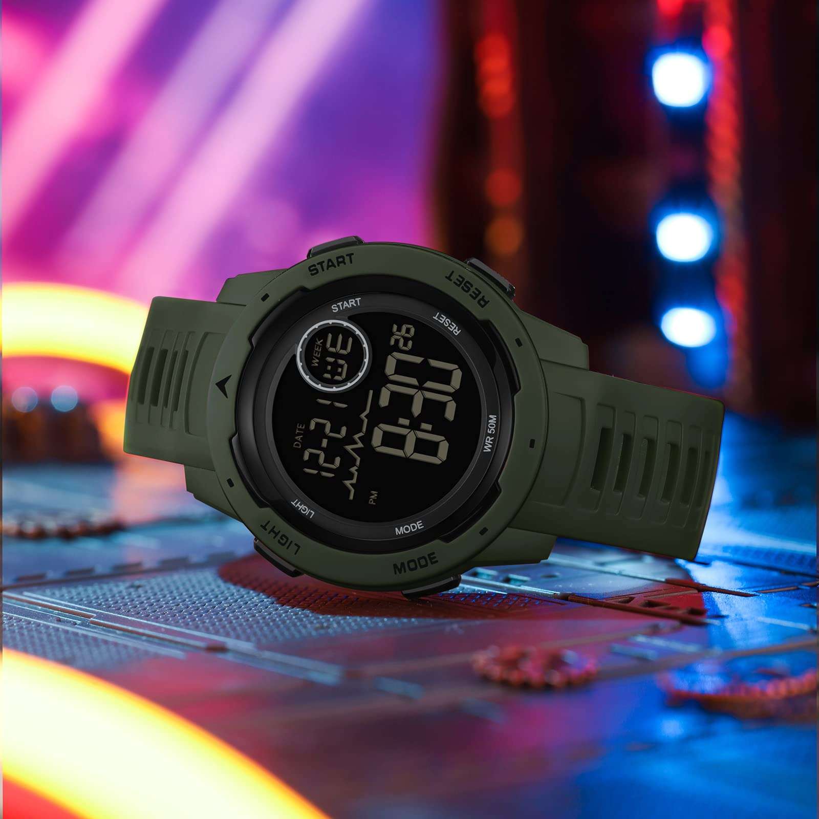 findtime Green Digital Watch Men Women Watches Running Swimming Waterproof Reloj para Hombre Mens Military Tactical Sports 5ATM LED Back Ligh/Alarm/Date/12/24H Stopwatch Outdoor Unisex 3