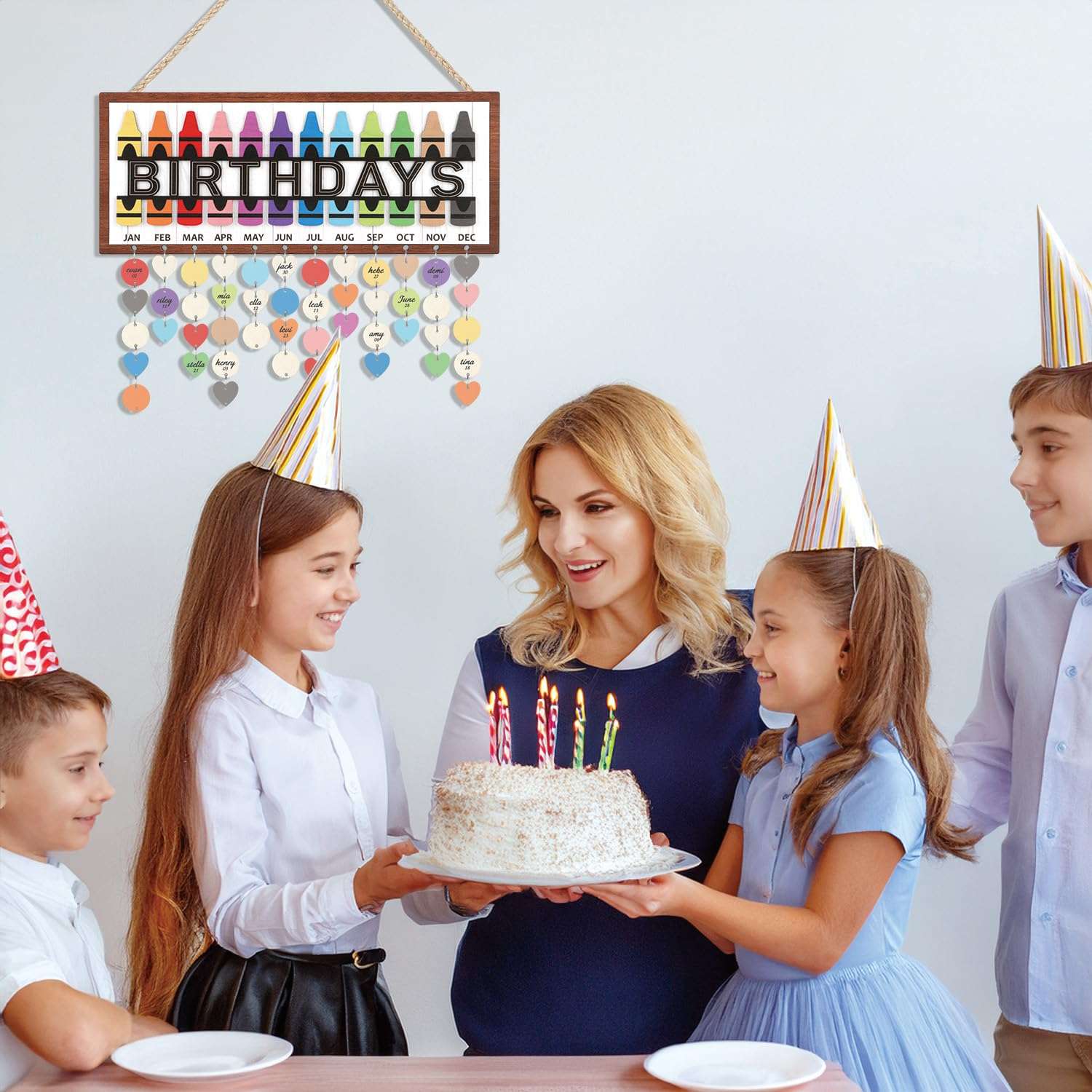 HPNIUB 3D Birthday Calendar Wall Hanging, DIY Family Birthday Plaque with Tags Gifts for Classroom School Home, Colorful Crayon Theme Reminder Tracker Calendar Board with 100pcs Wood Tags(15.4''x6.3'') 6