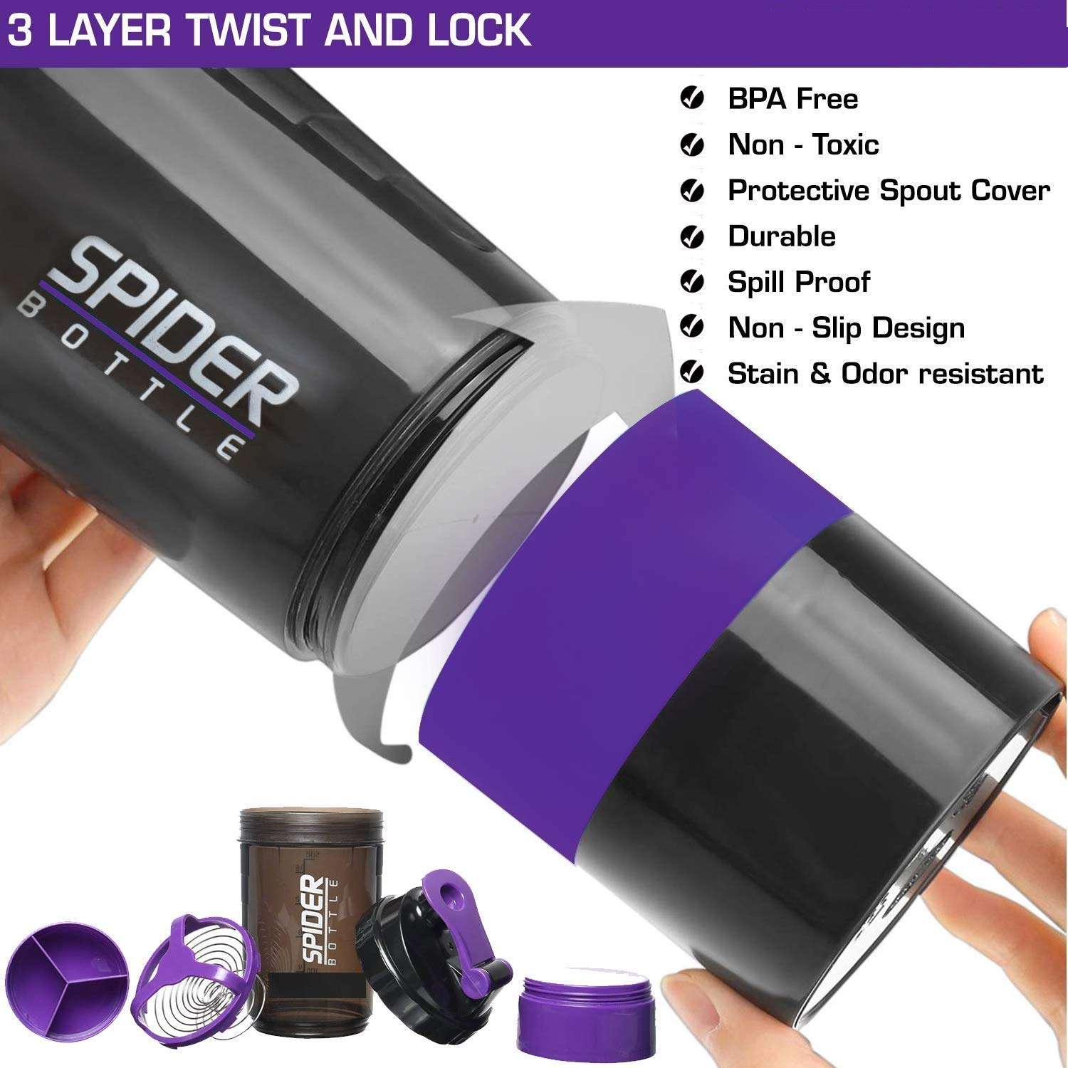 DOVEAZ Spider Shaker | Spider Protein Shaker | Spider Shaker Bottle | Gym Shaker | Cyclone Shaker | Protein Shaker | Gym Protein Shaker | Gym Bottle | Bpa Free Shaker | Shaker 500ml (Purple) 3