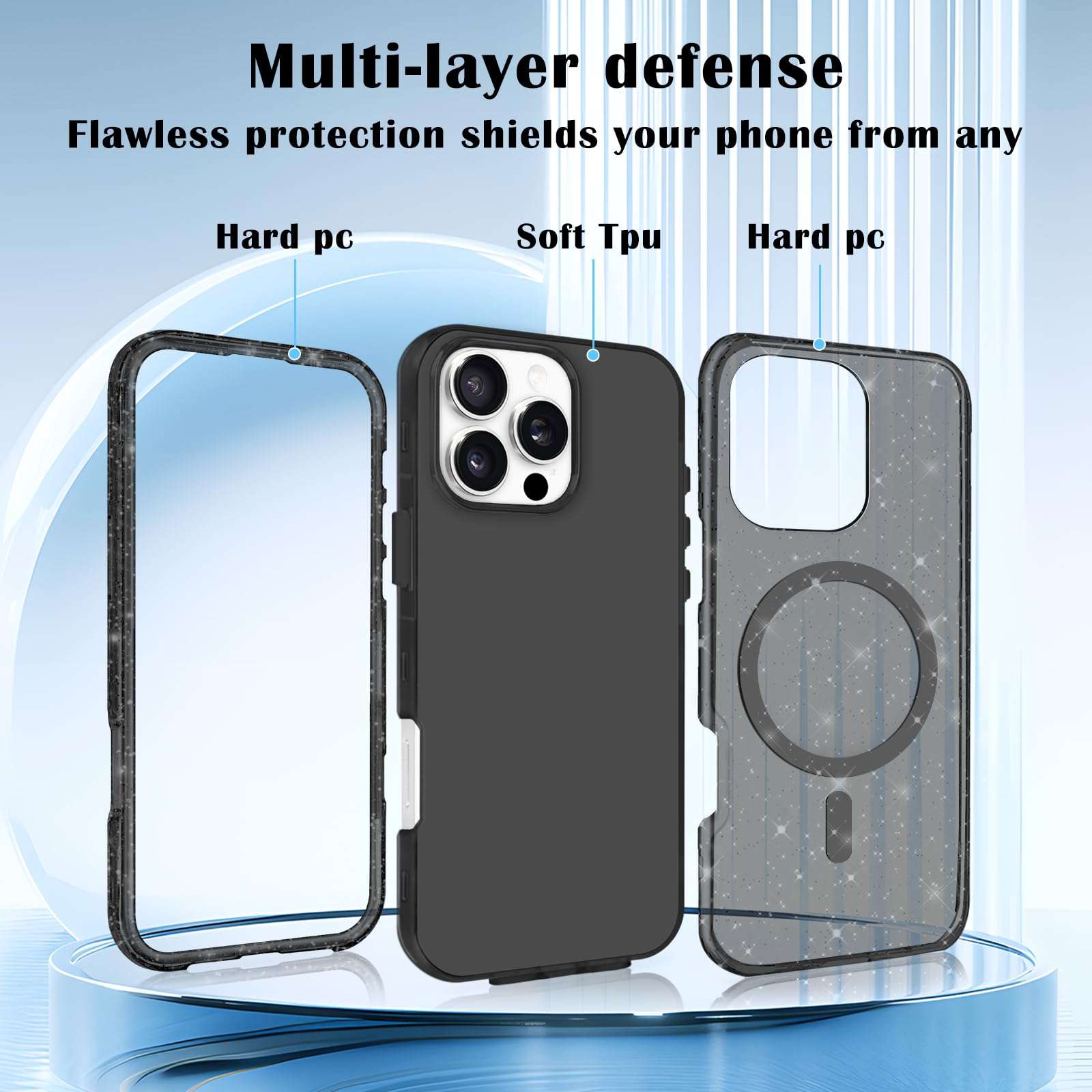 Newseego for iPhone 16 Pro Max Magnetic Case, Luxury Sparkle Bling Glitter Clear Case for Women Girls Men Full Body Drop Protection Bumper Shockproof Cover for iPhone 16 Pro Max-Black 3