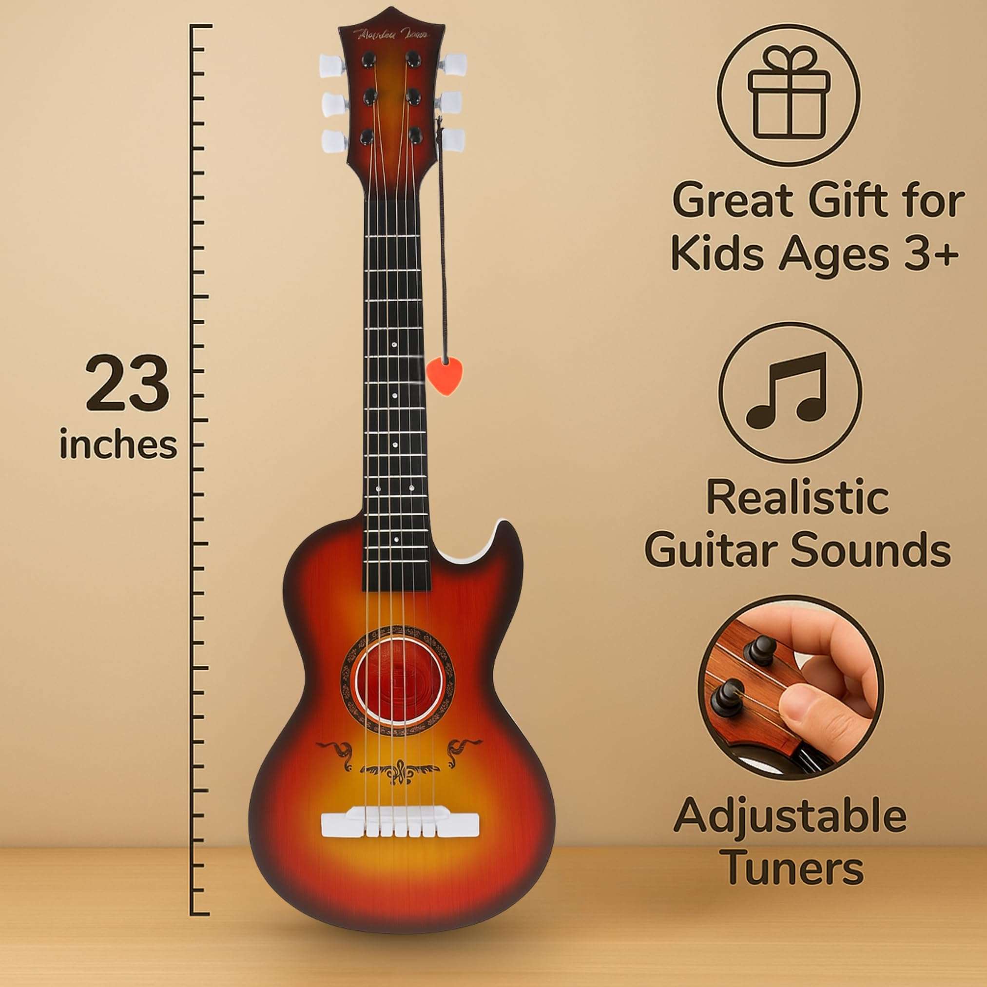 23" Acoustic Guitar, Kids 6 String Toy Guitar - Realistic Steel Strings - Beginner Practice First Musical Instrument for Children, Toddlers (Cherry Sunburst) 5