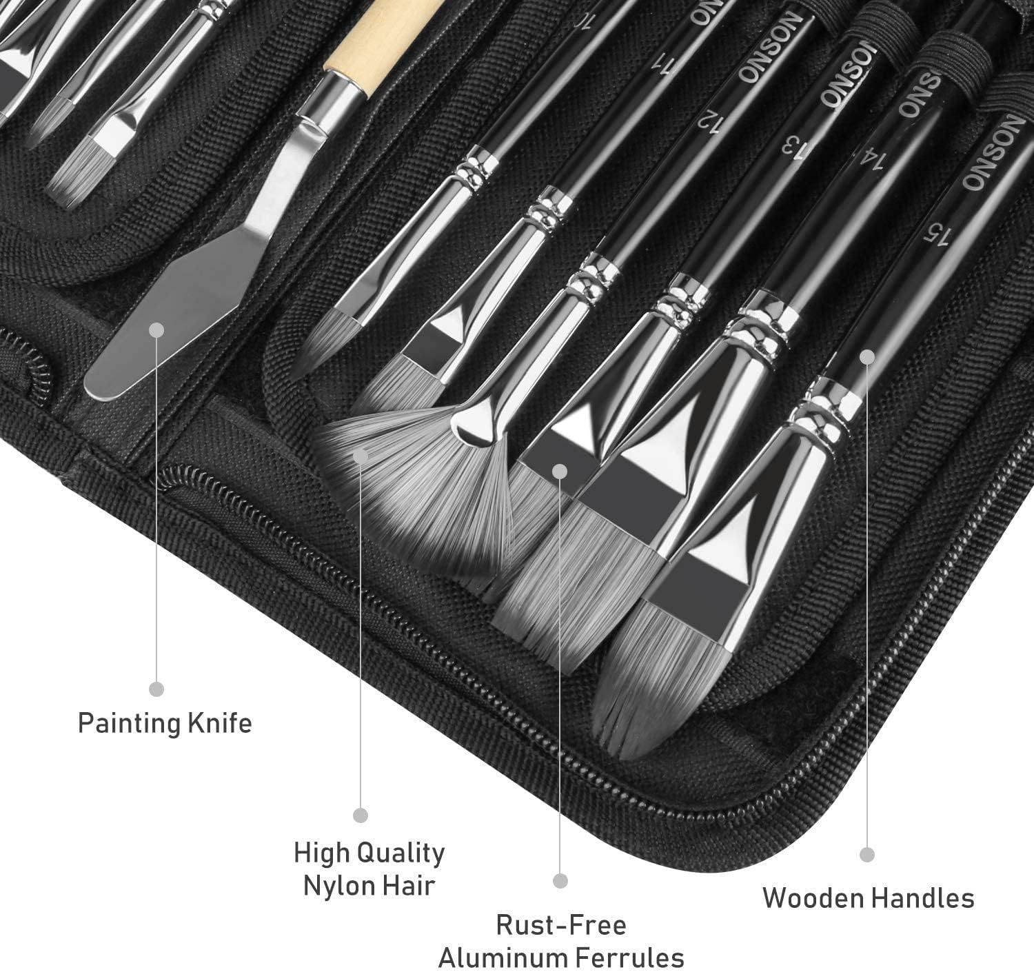 ARROLLIANT 15-Piece Paint Brush Set for Acrylic & Watercolor, Featuring Multiple Shapes, Palette Knife, Sponge, and Wooden Portable Carrying Case 5