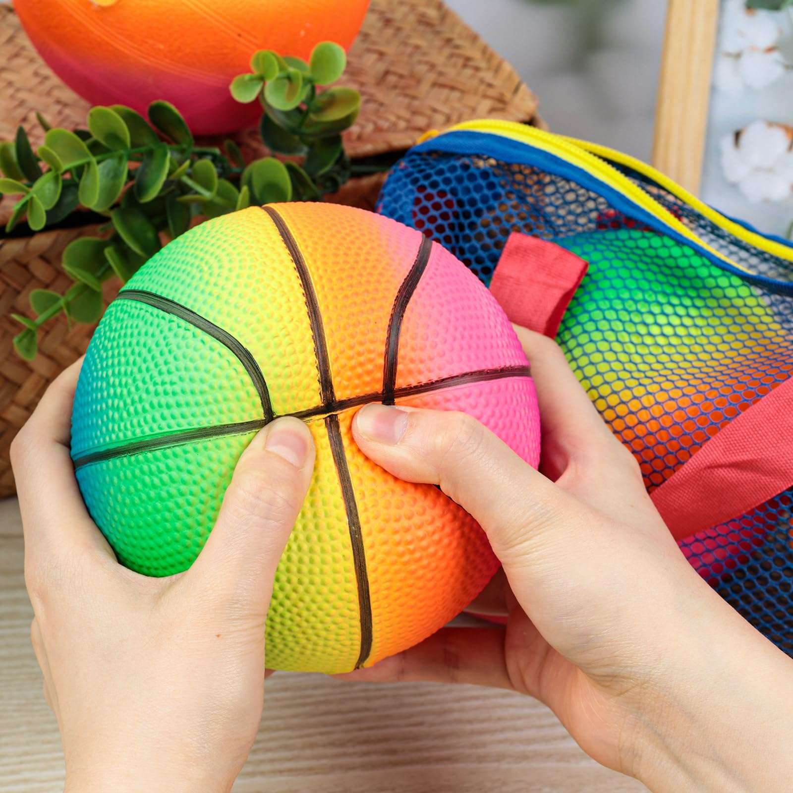 AMOR PRESENT Sport Balls for Kids, Inflatable Balls with Bag Includes Rainbow Kickballs Volleyballs Dodgeballs, Fun Indoor Outdoor Toys, Sport Soft Bouncy Playground Balls, for Kids Sport Party Favors 5