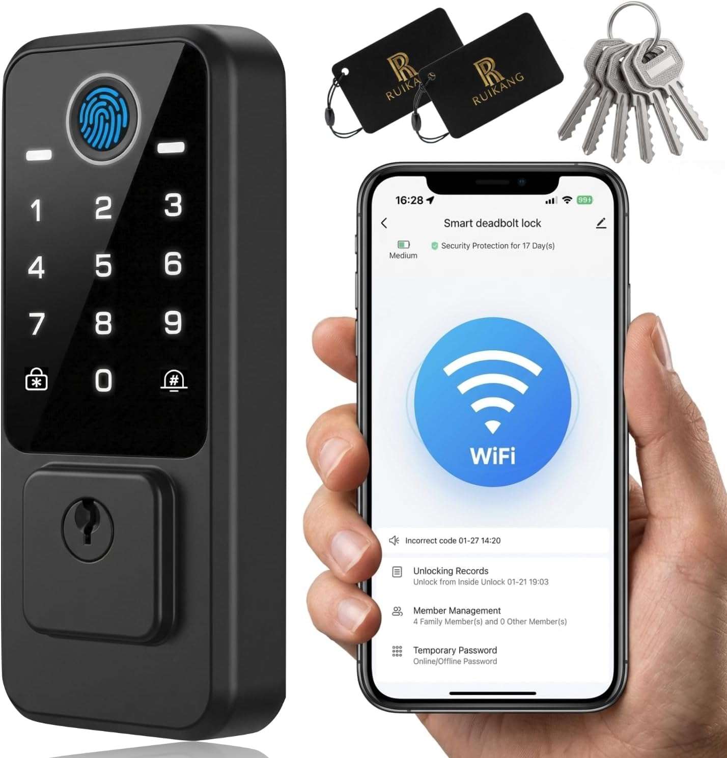 RUIKANG POWER WiFi Smart Door Lock - Keyless Entry Door Lock for Front Door, Fingerprint Door Lock with App Control, 5-in-1 Touchscreen Deadbolt with 6 Keys & 2 NFC Cards, Matte Black 1