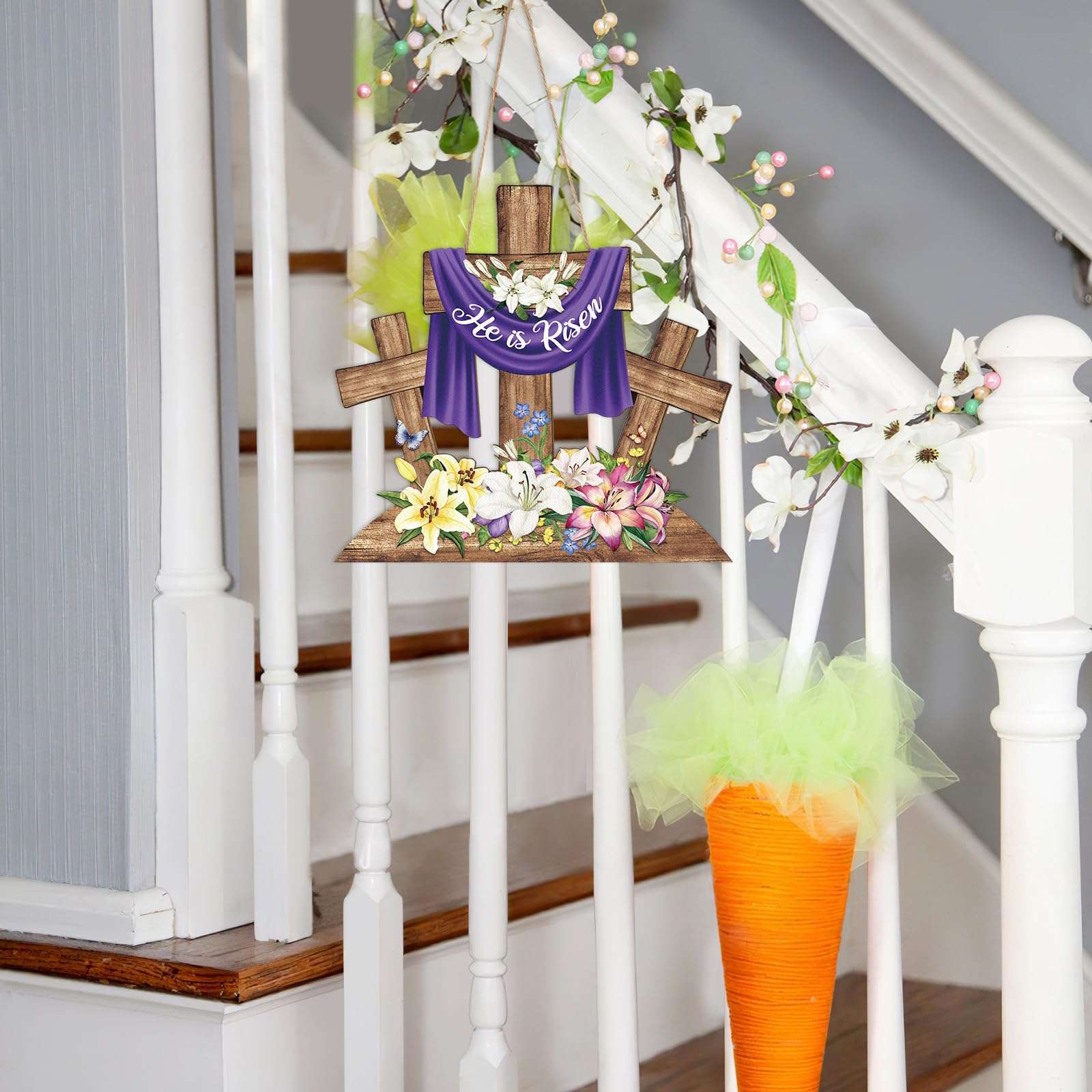 He is Risen Easter Decoration Wood Door Wall Signs, Wooden Wreaths Front Door Sign Cross Sign Christian Jesus Lily Flowers Ornaments Hanging Crafts for Spring Home Farmhouse Party Porch Wall Decor 6