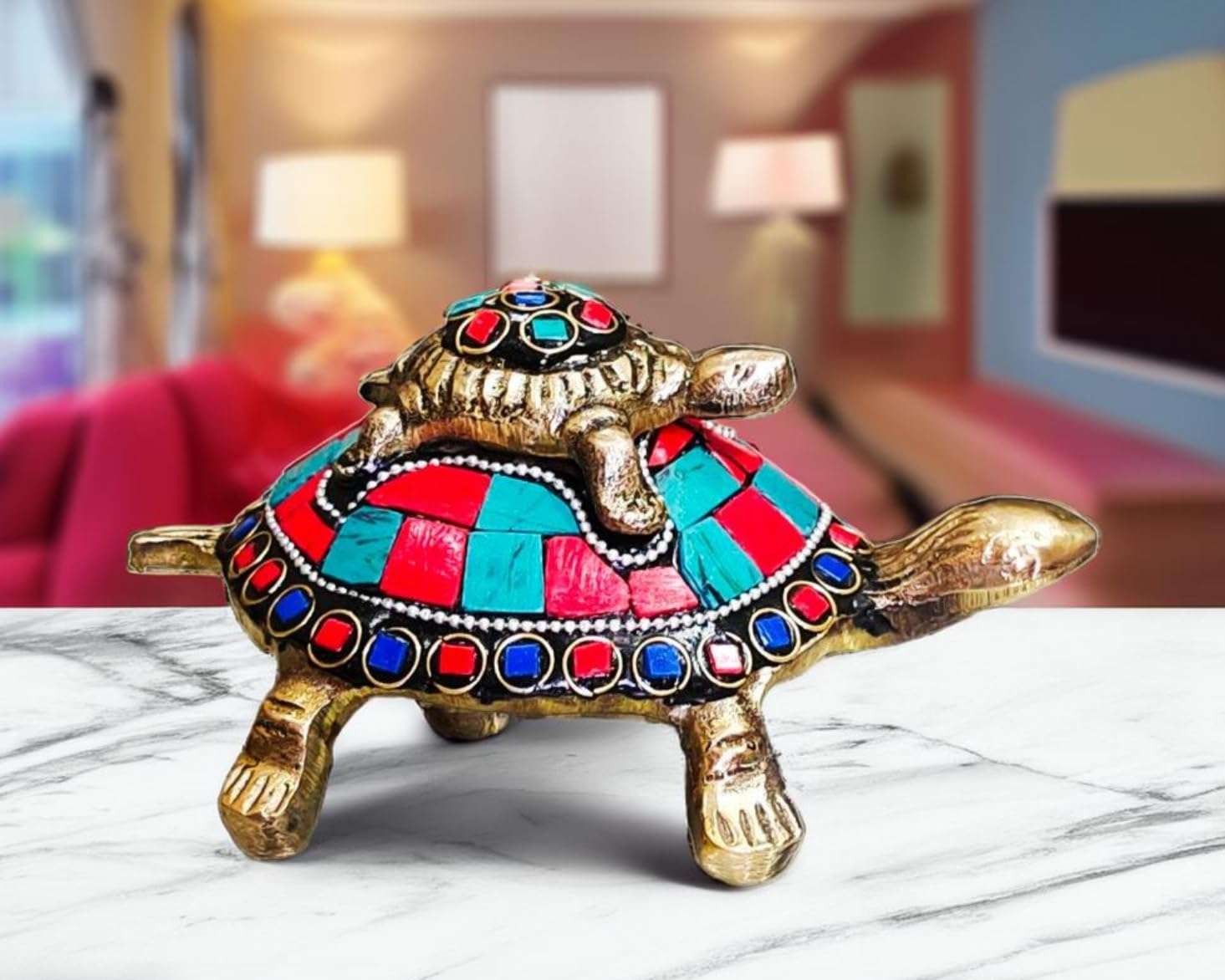 Sanskriti Decor Presents Brass Vastu Feng Shui Tortoise/Kachua with Baby for Career & Good Luck, Wealth & Success in Business, Home Decor/Heavy Meena Work kachuwa 6