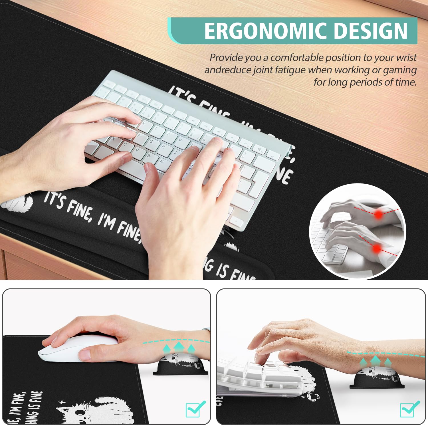 Desk Mat Set, Large Gaming Mouse Pad with Wrist Rest,Ergonomic Mouse Pad,Home Office Desk Accessories Decor Supplies(Cat) 4