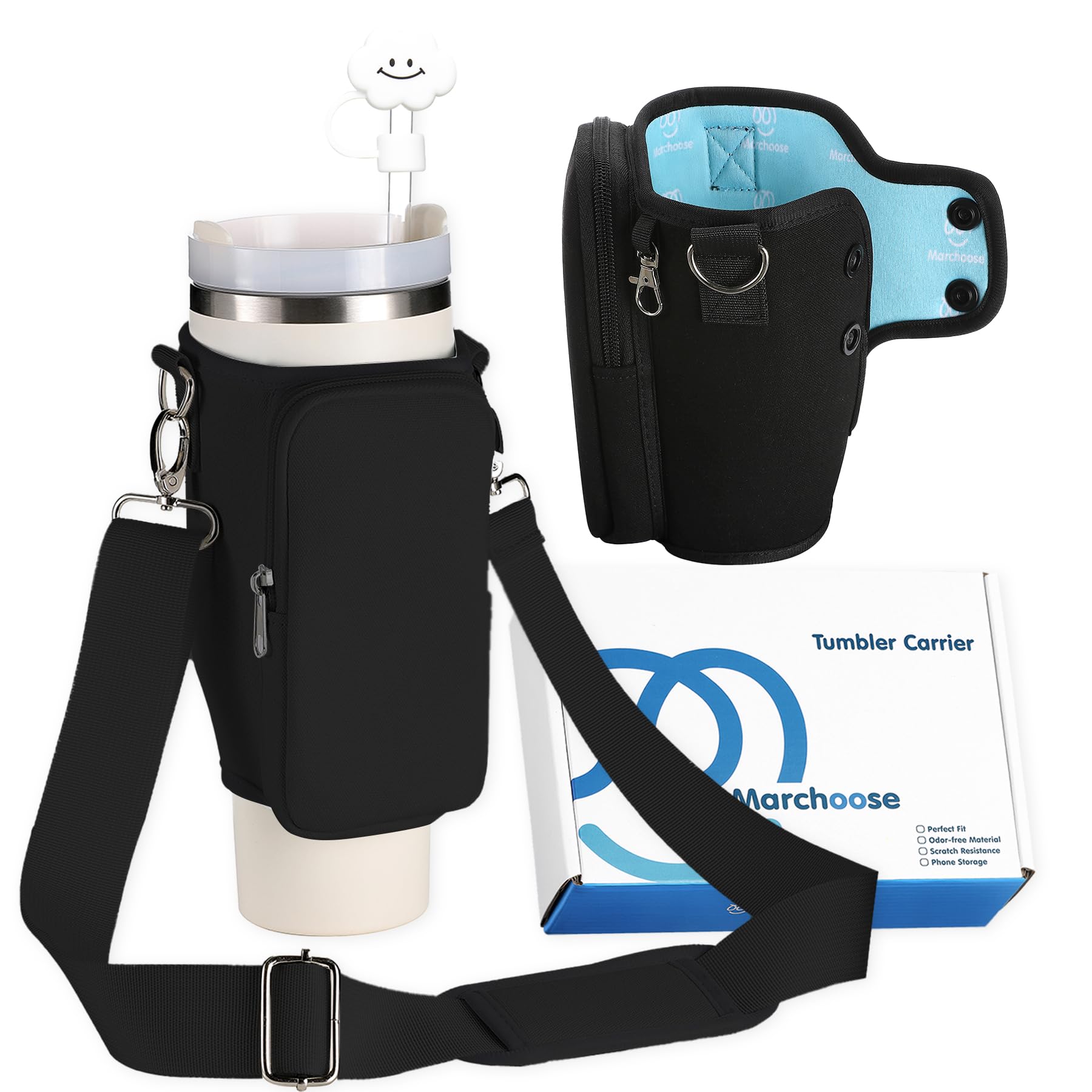 Marchoose Watter Bottle Carrier Bag for Stanley Cup with Phone Pocket, fit for Stanley 40 oz Tumbler & Simple Modern 40oz Water Bottle, Odor-Free Holder Pouch with Adjustable Strap (Black) 1