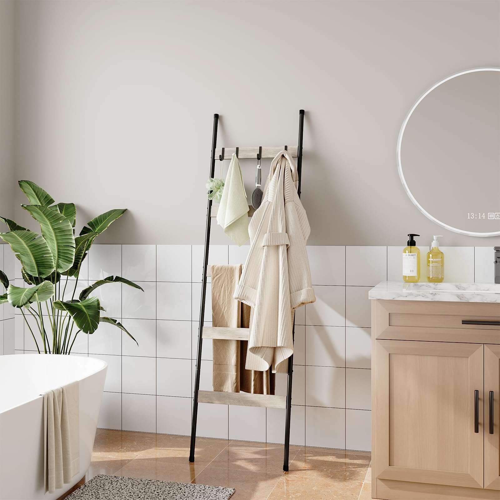 ELYKEN Blanket Ladder for Living Room, Farmhouse 5 -Tier Quilt Holder with 4 Removable Hooks for Bathroom, Wood Towel Rack Display, Wall Anchor Leaning Decorative Stand for Home Decor, White Oak 6