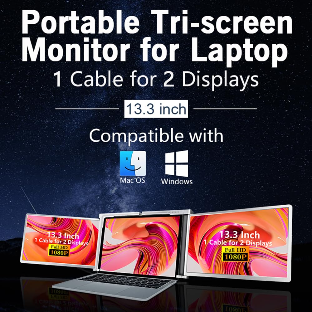 Docooler 13.3 inch Triple Portable Monitor for Laptop Screen Extender, 1 Cable for Dual Displays for Windows, FHD 1080P IPS Display Type-C/PD/TF Support M1/M2 MacBook, for 13.3-17.3 inches Laptop 6