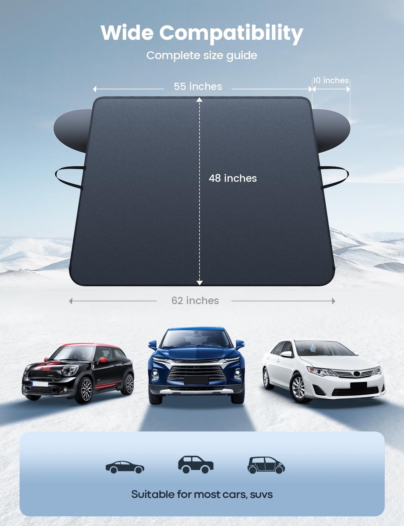 Lamicall Windshield Cover for Ice and Snow - Magnetic Fit, Waterproof Heavy Duty 800D Oxford Fabric,1S Snow Removal, 4X Stable, Winter Car Accessories for Men Fits Most Cars, SUVs (62"x48") 6