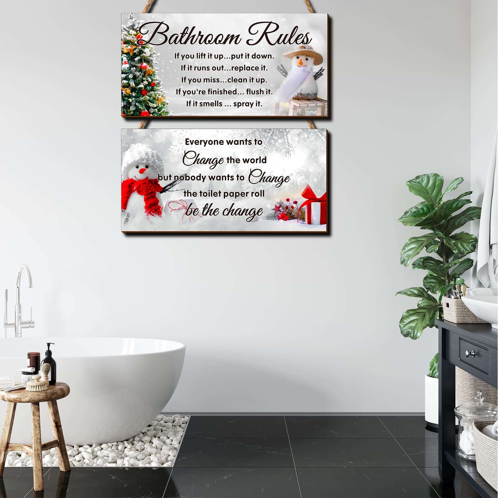 Rustic Wood Christmas Bathroom Decor: 2 Pcs Wall Art Snowman Rules Funny Hanging Accessories 5