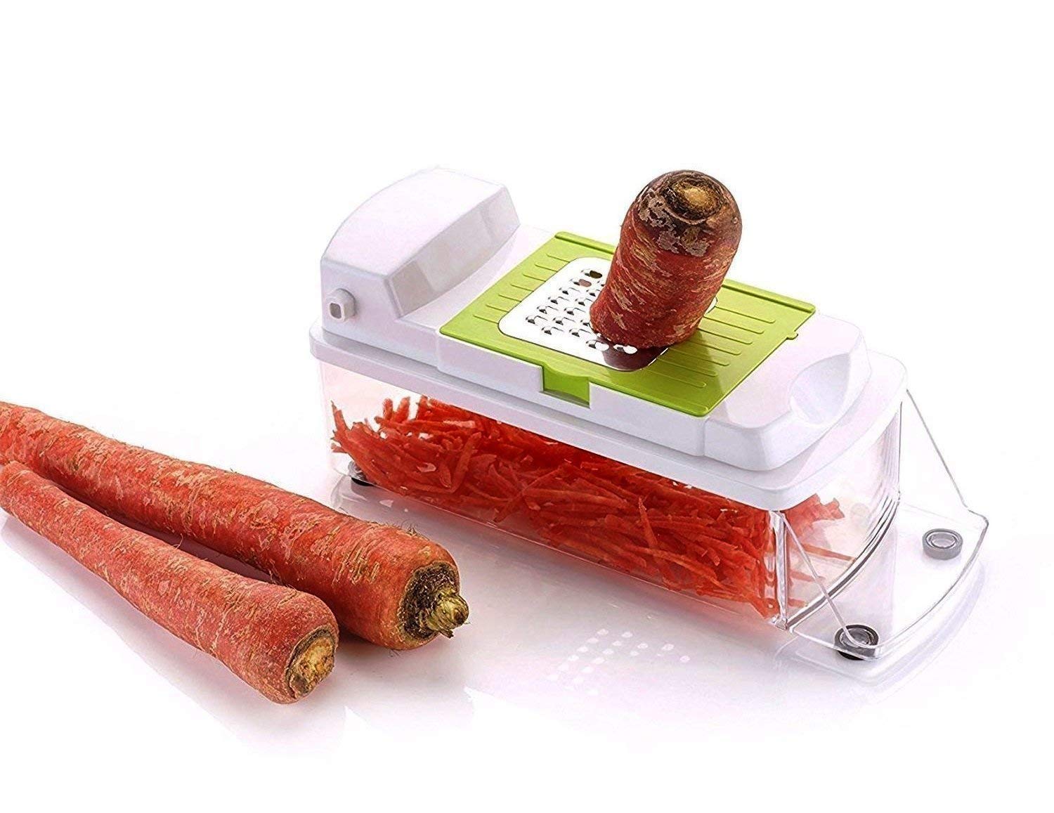 BE MALL Multi-Purpose Vegetable and Fruits Grater, Chipser Chopper, Slicer, Cutter and Dicer with 11 Stainless Steel Blades and 1 Pillar, Vegetable Chopper for Kitchen (Green) 5