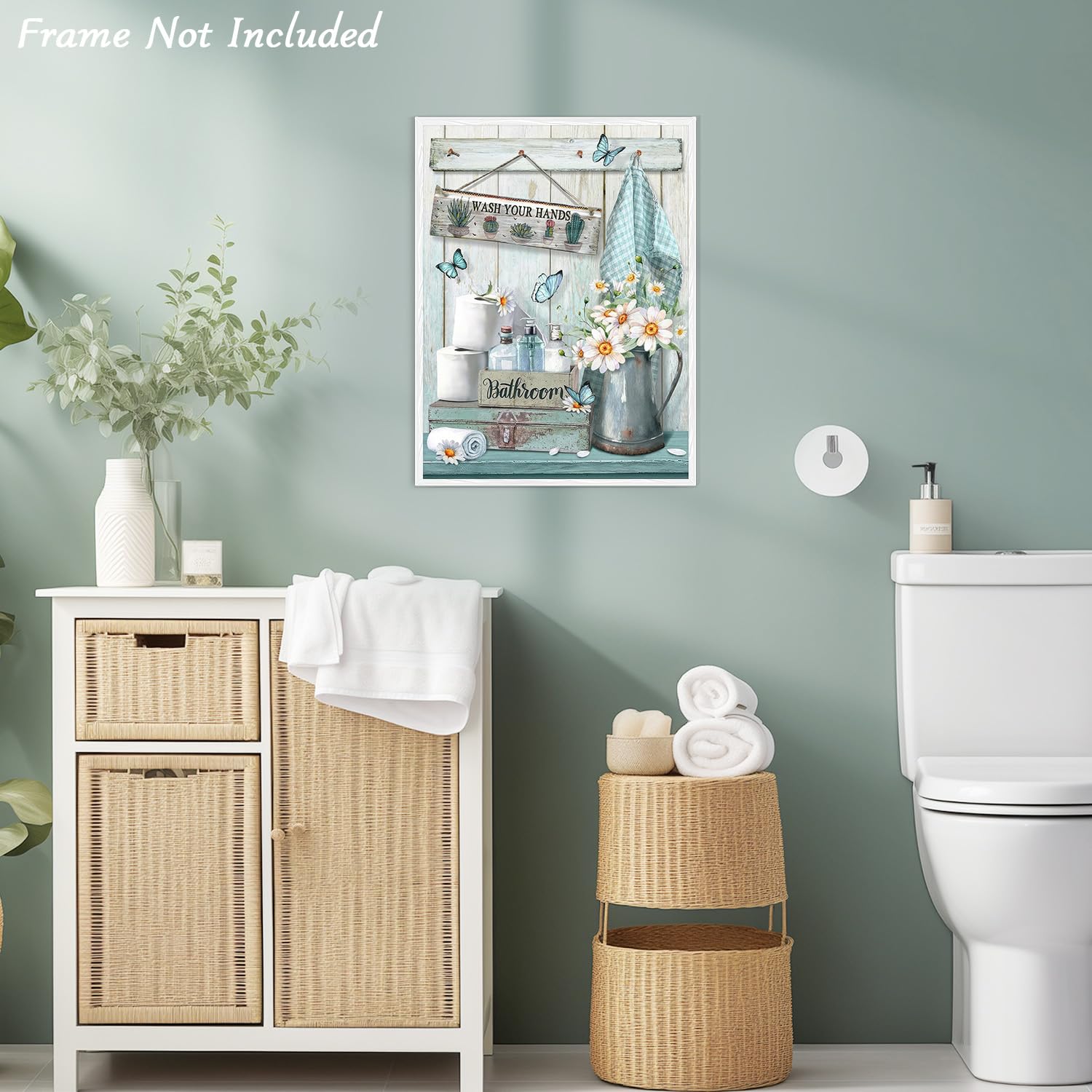 Dazzlewall Farmhouse Bathroom Decor Wall Art Rustic Teal Flower and Butterfly Pictures Wash Your Hands Sign Artwork for Bathroom 12x16 in Unframed 3