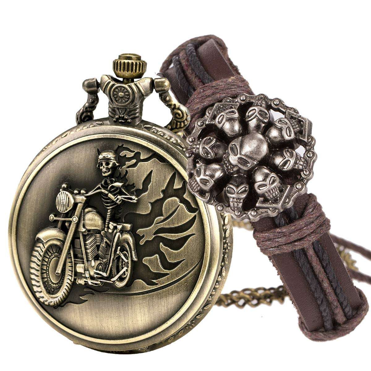 SIBOSUN Halloween Ghost Pocket Watch with Chain Vintage Retro Grotesque Night Skull Pattern with Skeleton Skull Bracelet 1