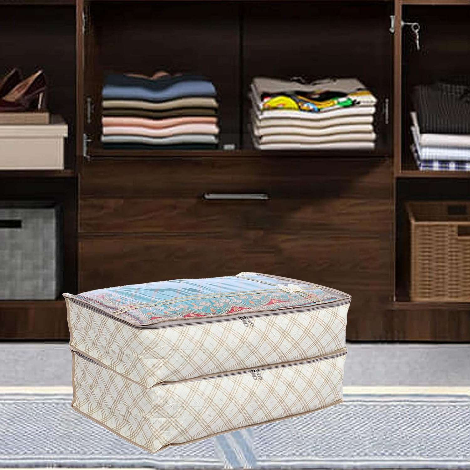 Kuber Industries Lehenga Cover | Non-Woven Gown Cover | Check Bow Pattern Garment Cover | Salwar Suit Cover with Top Transparent | Large | Pack of 2 | Cream 6