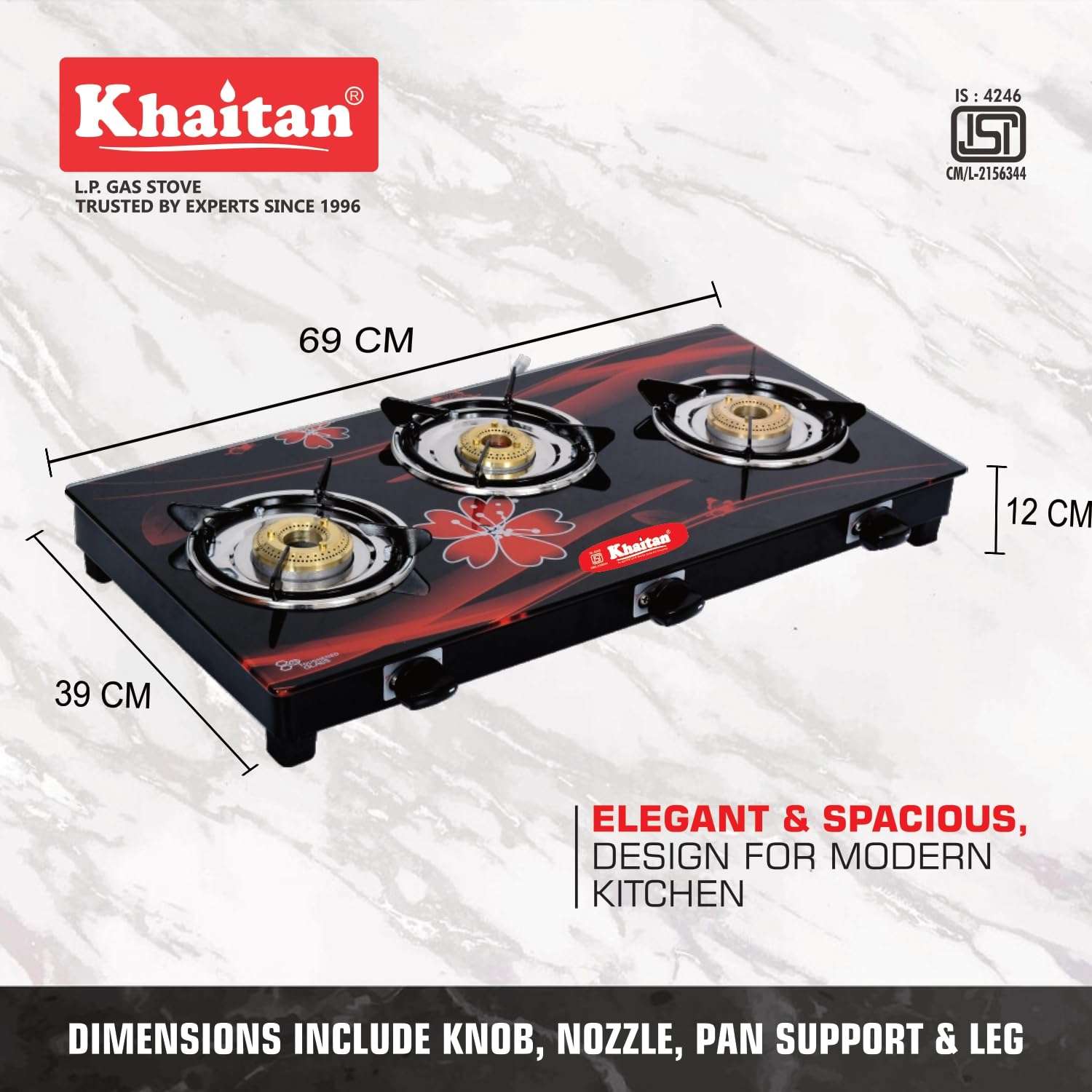 Khaitan 3 Burner Active Red with Brass Burners, Digital Toughened Glass, LPG Cooktop, Manual Ignition, Gas Stove, 1 Year Warranty, ISI Approved 5