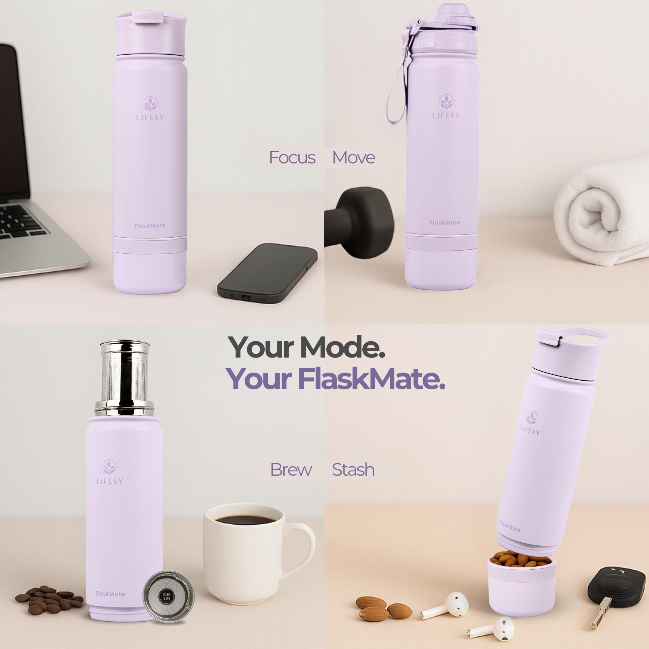 FLASKMATE Tea Infuser Bottle & Coffee Thermos – 18oz Leakproof Insulated Flask with Storage, Dual Lids, and Travel French Press – Hot & Cold for Work, Wellness & On-the-Go Routines 4