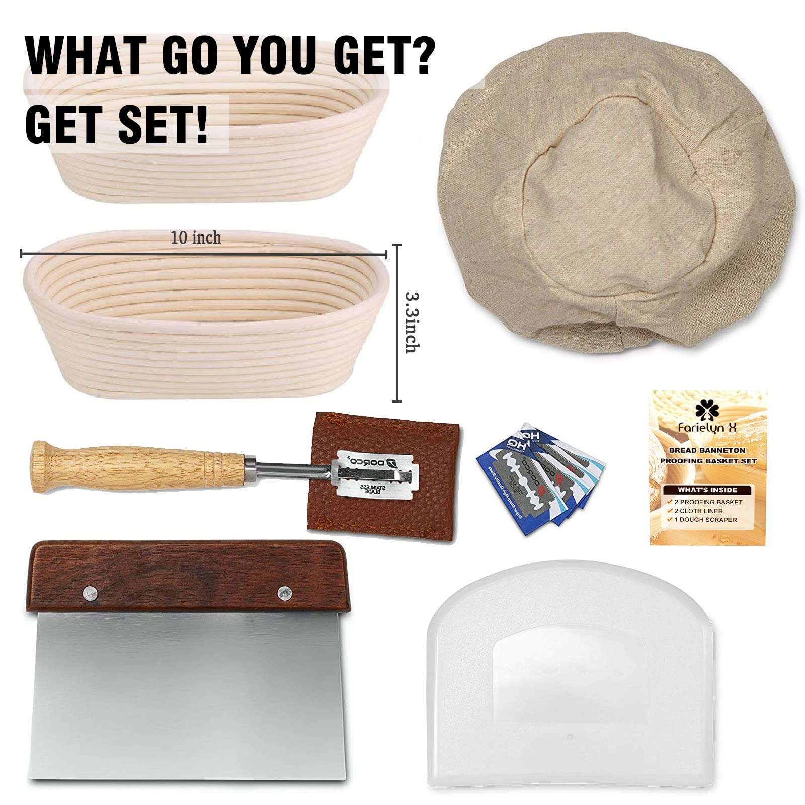 Farielyn-X 2 Packs 10 Inch Oval Shaped Bread Banneton Proofing Basket - Baking Dough Bowl Gifts for Bakers Proving Baskets for Sourdough Lame Bread Slashing Scraper Tool Starter Jar Proofing Box 2