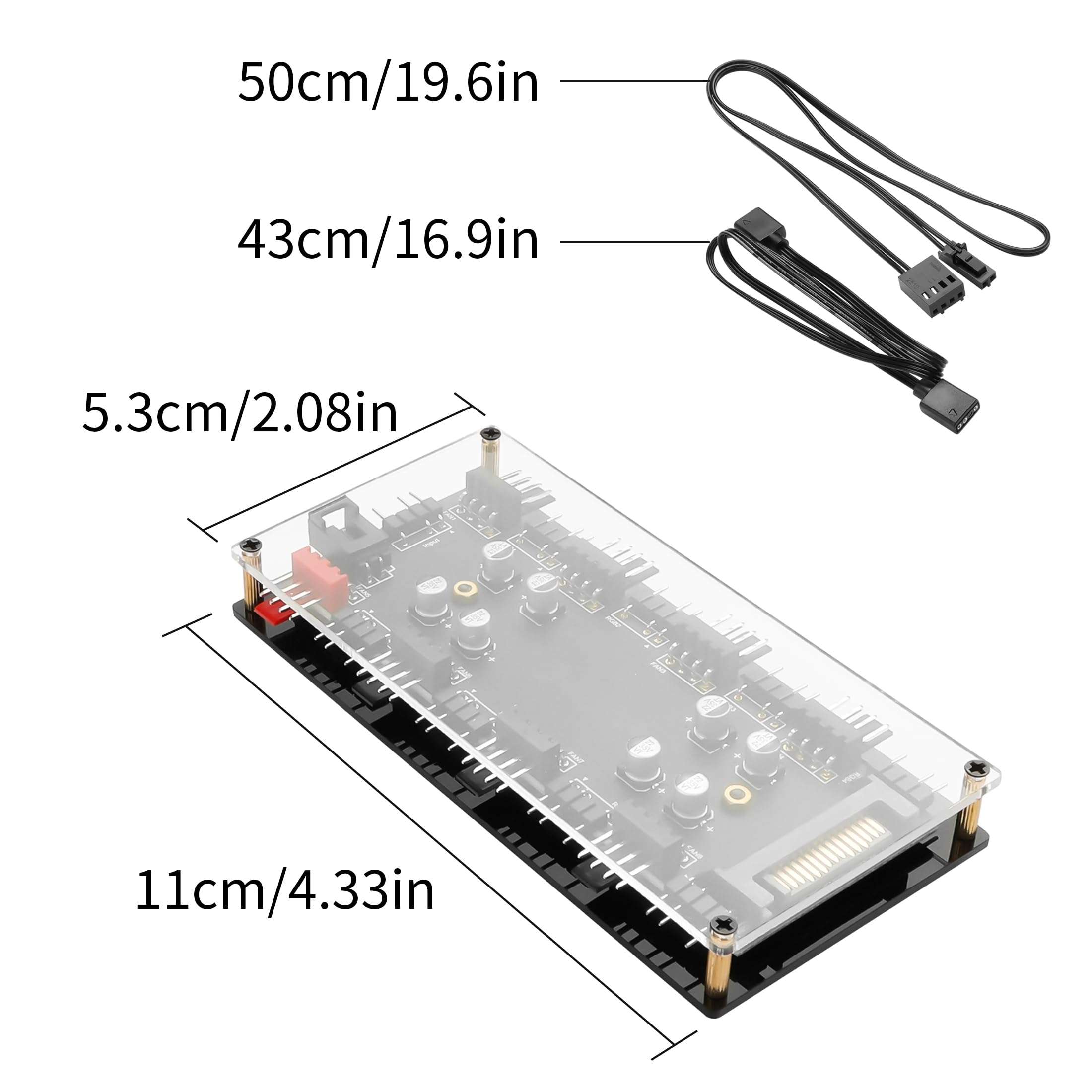YACSEJAO 12V 4Pin PWM & 5V 3Pin ARGB 2-in-1 Hub with SATA 15-Pin Power 8 Way Sync RGB Lighting and Cooling Fan Extended Motherboard Interface 4