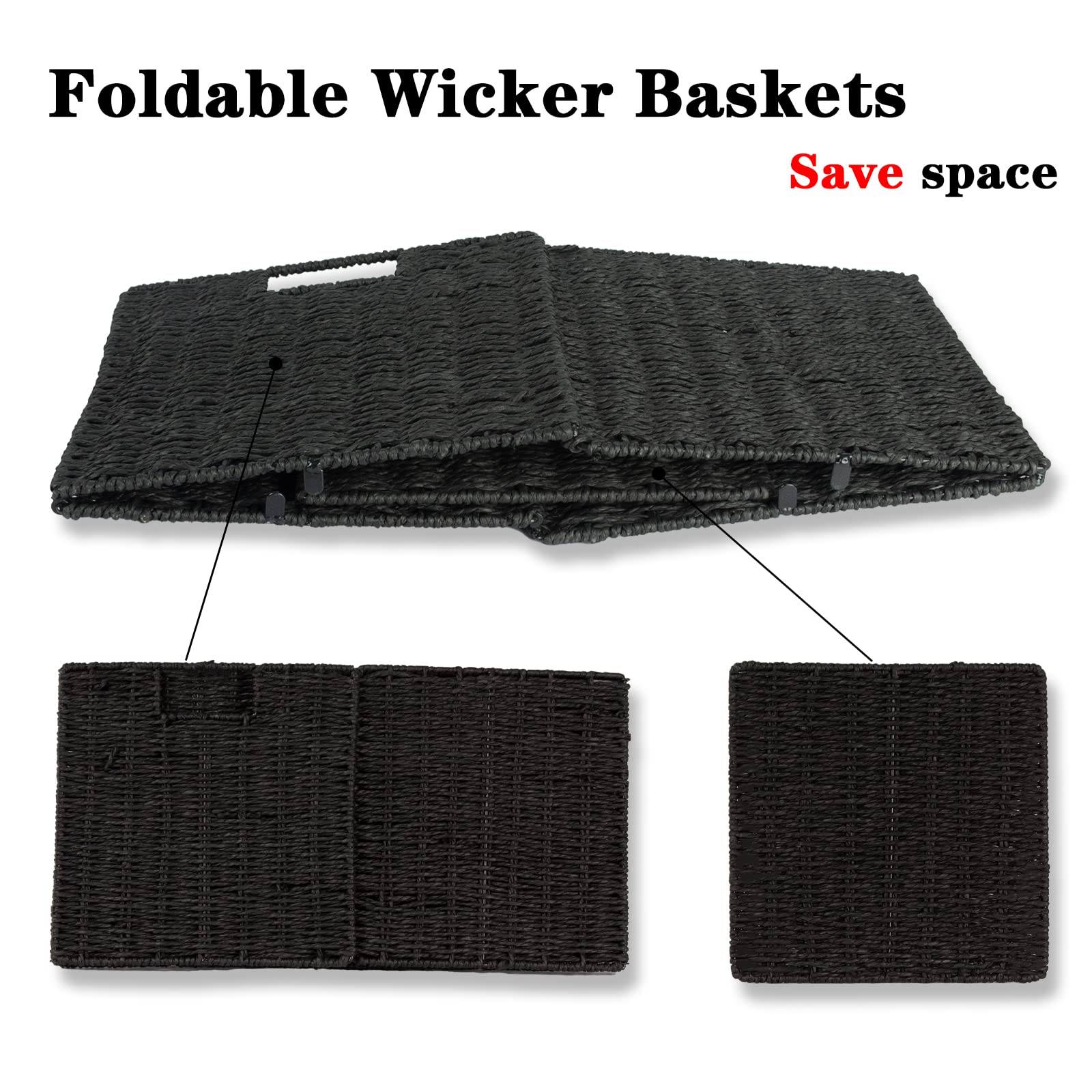 Vagusicc Storage Basket, Set of 2 Hand-Woven Paper Rope Wicker Baskets, Foldable Storage Bins, Large Wicker Storage Square Baskets for Decor & Organizing, Black (11″×11″×11″) 6
