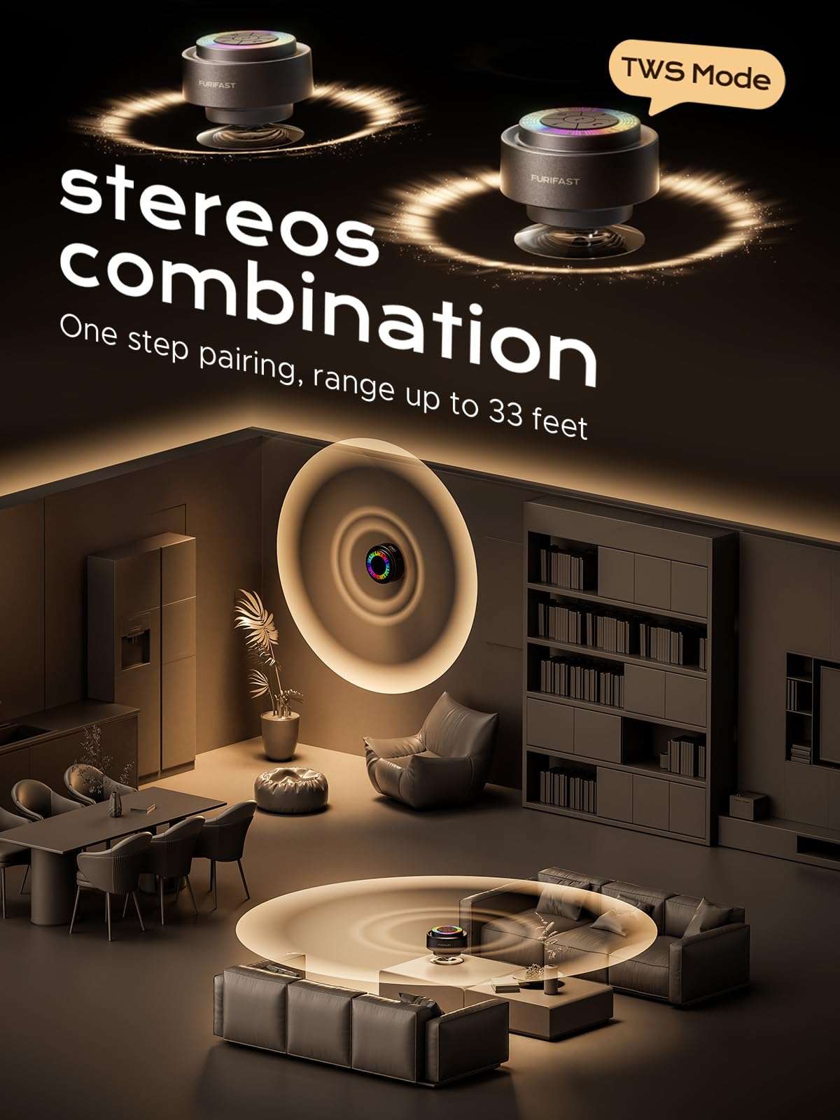 Certified IP67 Waterproof Bluetooth 5.3 Shower Speaker, FuriFast Suction Cup Mini Bluetooth Shower Radio with Mic for Bathroom, Dynamic LED Lights and Dual Stereo Pairing, Space Grey 6