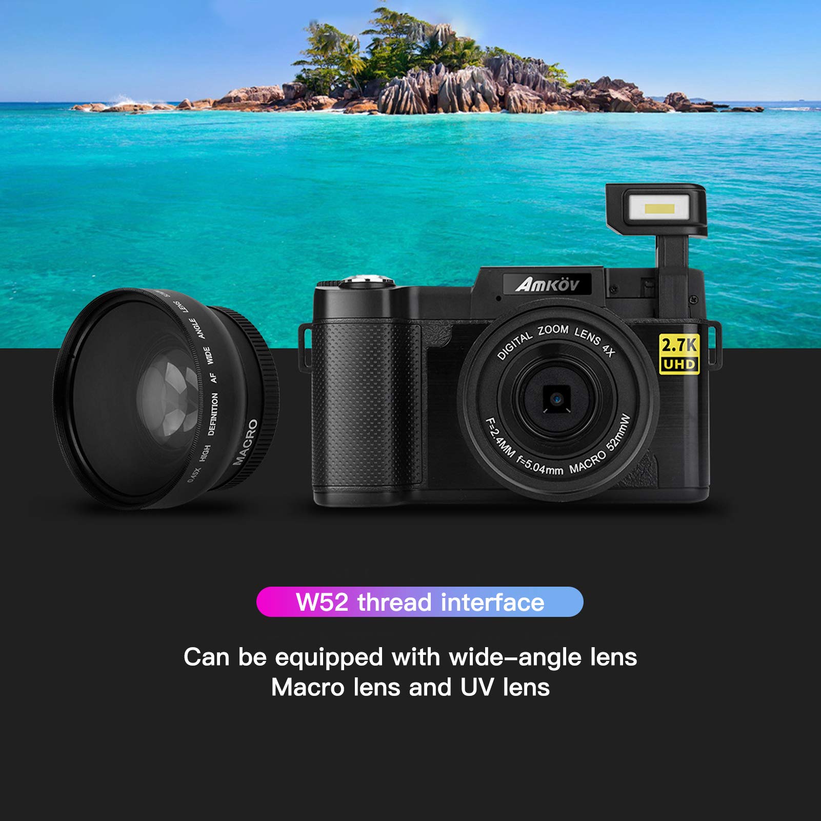 Eujgoov WIFI Digital Camera 3in LCD Screen 180 Degree Rotation 2.7K 48MP High Definition USB Charging 6