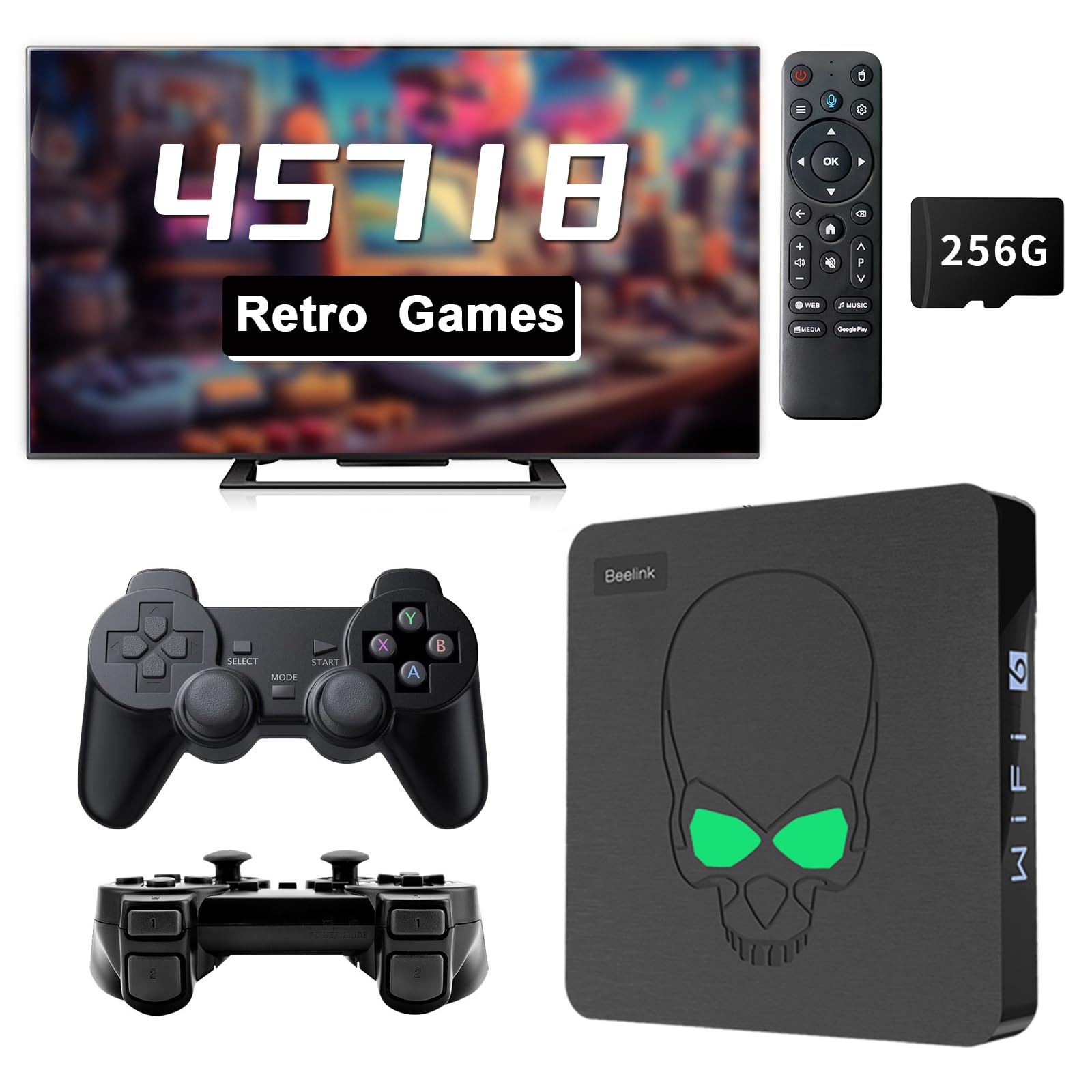 Retro Game Console with 45718 Plug and Play Video Games, 75 Emulator Console All in 1 Video Game Console, EmuELEC 4.6 Game System, Android TV 9, S922X Chip, 4K HD Output, WiFi & BT 4.1, 2 Wireless CTL