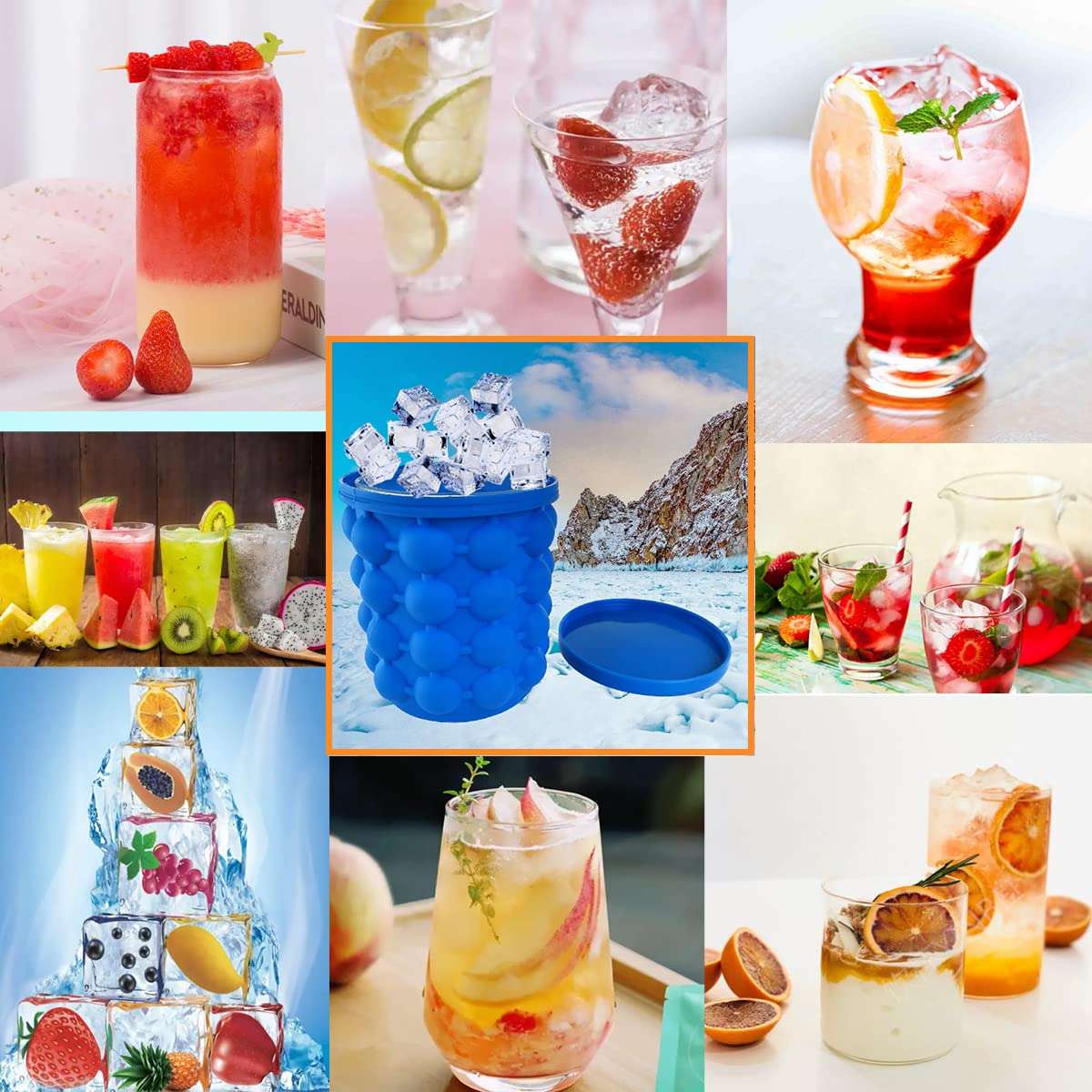 2 in 1 Silicone Ice Bucket and Ice Mold with Lid for Freezing Whiskey, Cocktails, Drinks, Portable Silicone Ice Maker (Blue) 6