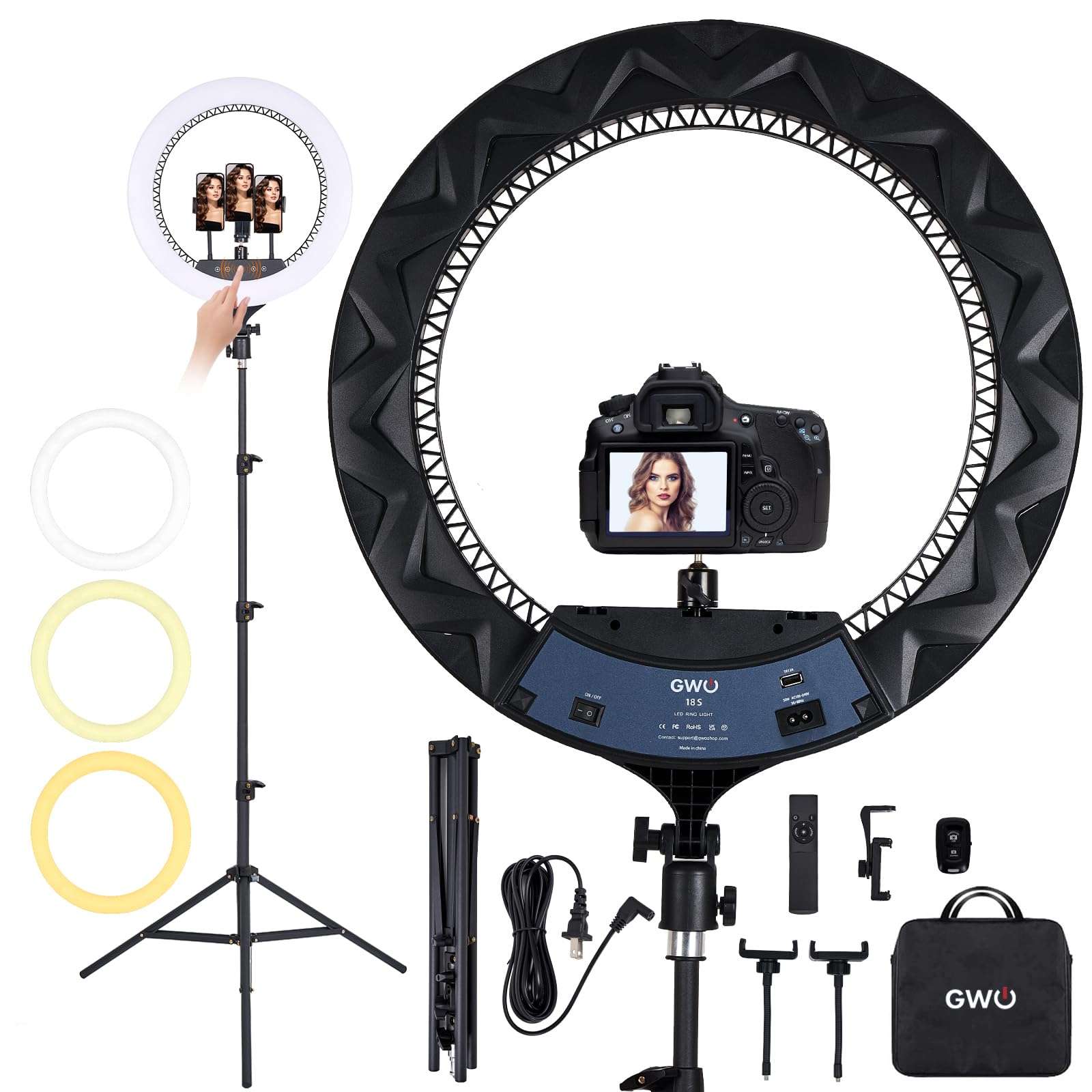 GWO 18 inch LED Ring Light with Tripod Stand 6000K Dimmable Makeup Selfie Light with Touch Panel Phone Holders for YouTube Vlog Video Shooting Include Carrying Bag and Remote Control CRI>90 1