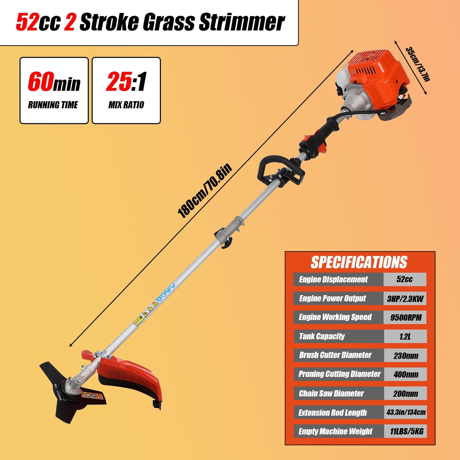 52CC Petrol Grass Strimmer Cordless, 5 in 1 Garden Brush Cutter, Extendable Hedge Trimmer Long Reach, Line Strimmer with 134 Extension Pole, Pole Pruner & Chainsaw for Patio Yard Lawn Red 5