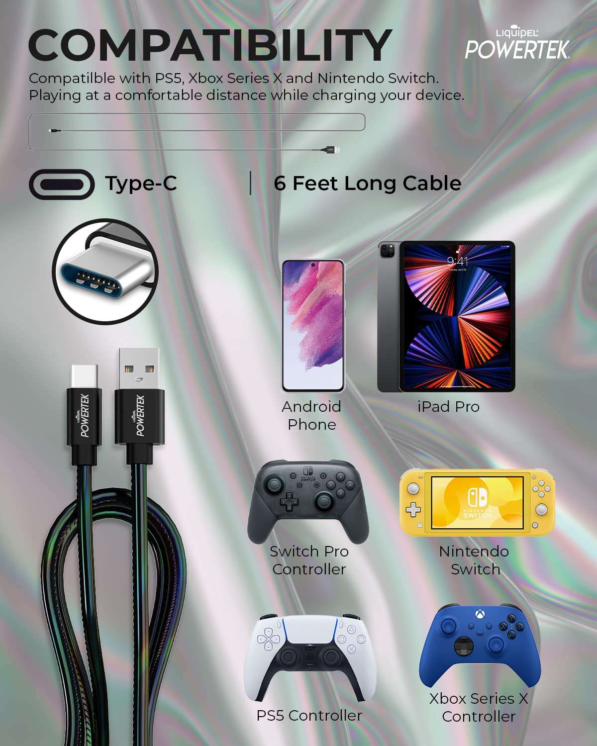 LIQUIPEL Powertek Metallic Shine USB Type C Charger Cable, 6ft Fast Charging USB C Cord, Adapter for Car, Galaxy, Android, Note, MacBook, Nintendo, PlayStation, Chromebook, Pixel (Black) 6