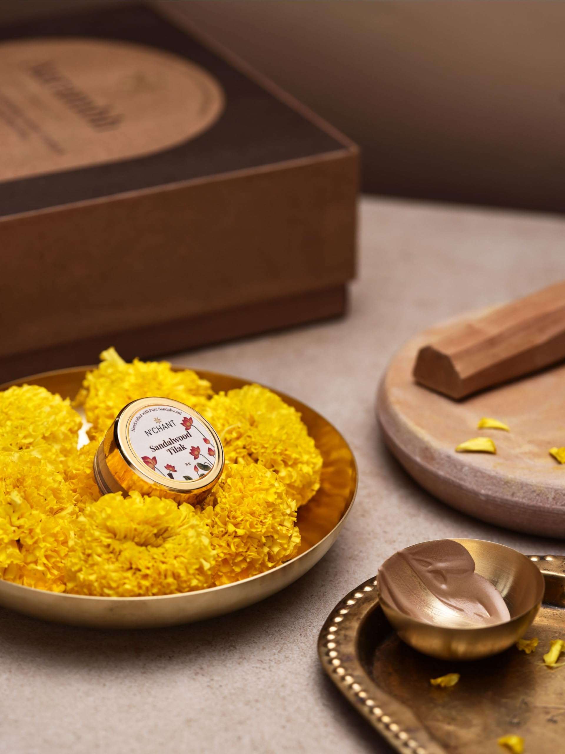 NChant Aarambh Puja Essentials Gift Box for Rituals Traditions and Ceremonies Diwali Puja Temple with Pital Bell Incense Holder Pure Sandalwood Tilak Incense Sticks Set of 1 4