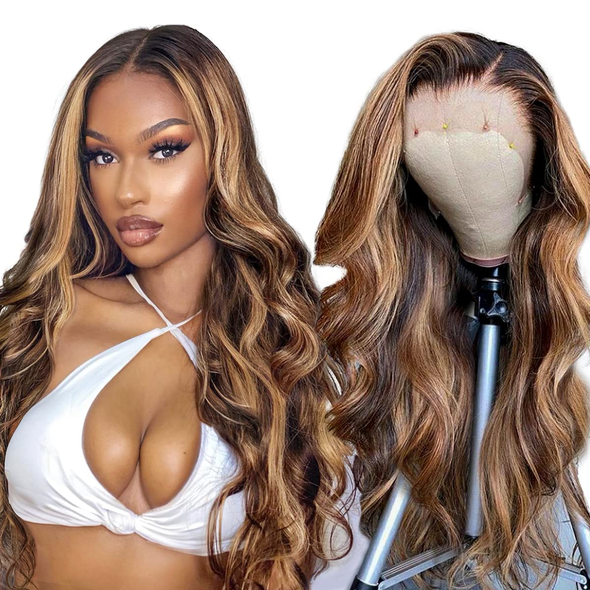 Honey Blonde Ombre Lace Front Wig Human Hair 180% Density 13x4 HD 4/27 Highlight Lace Frontal Wigs Pre Plucked with Baby Hair Bleached Knots Body Wave Lace Front Wigs Human Hair Colored 20 Inch 1