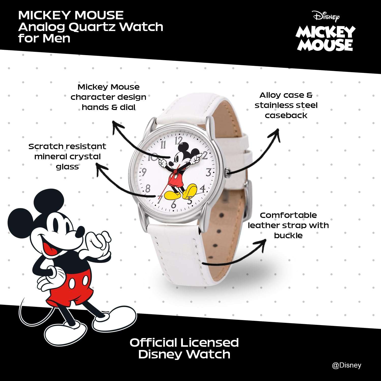 Disney Mickey Watch - Watch for Men - Mickey Mouse Watches for Men - Toys - 90s Mouse - Vintage - 's Articulating Hands - Silver Case - White Leather Strap 2