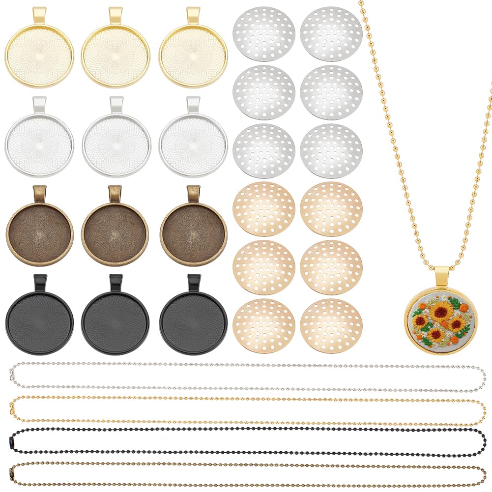 FREEBLOSS 12 Set Round Bezel Pendant Trays Necklace Pendant Blank Frame for Embroidery Round Pendant Tray Charm DIY Jewelry Making Kit for Necklace DIY Embroidery Necklace Needlepoint